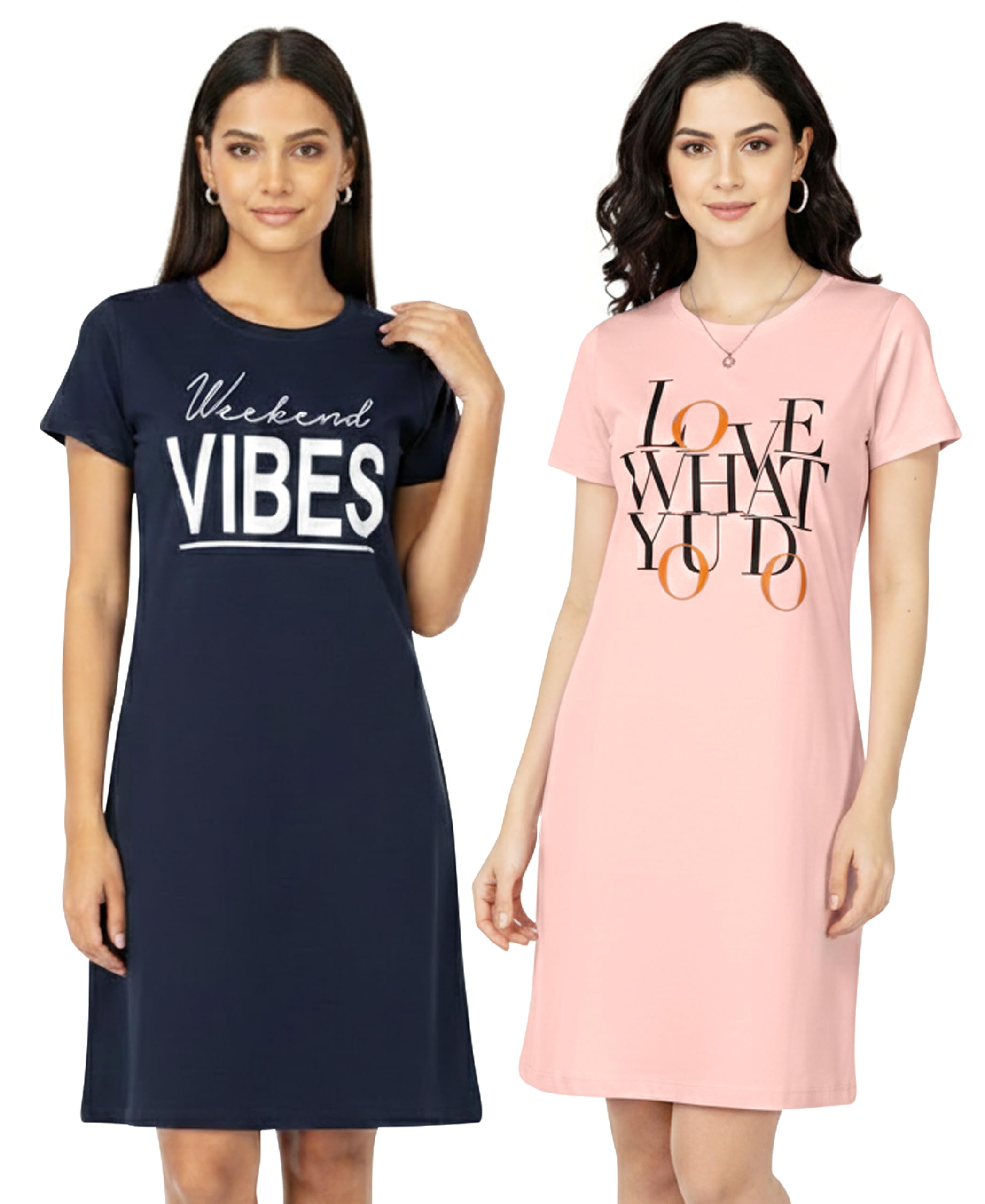 ARIEL Women's Cotton Knee Length Regular Fit Nighty | Night Dress | Long Tees (Pack of 2)