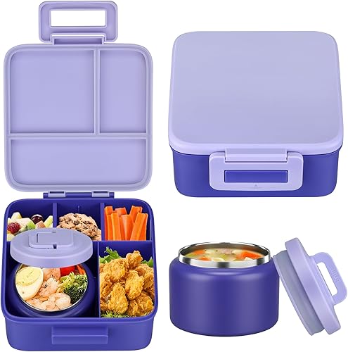 MAISON HUIS Lonchera Bento para niños con termo de sopa de 8 onzas, recipientes de almuerzo a prueba de fugas con 5 compartimentos, tarro de comida