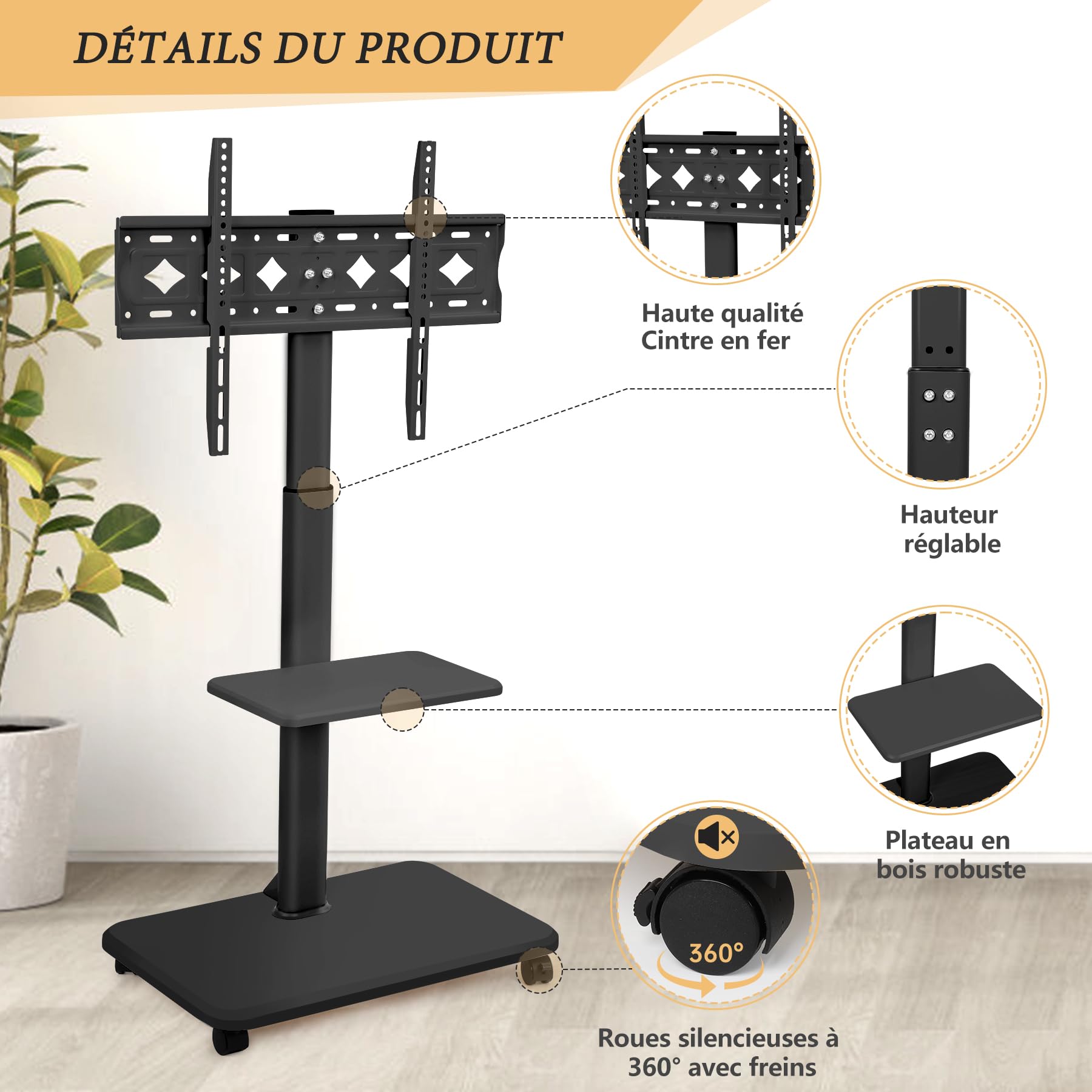 Support TV à roulettes pour TV Plats/incurvés LED/LCD/OLED de 32-70" (jusqu'à 45kg). Chariot TV Mobile réglable en Hauteur pour Ordinateur Portable, pour Chambre, Bureau, d'étudiant, extérieur, Noir