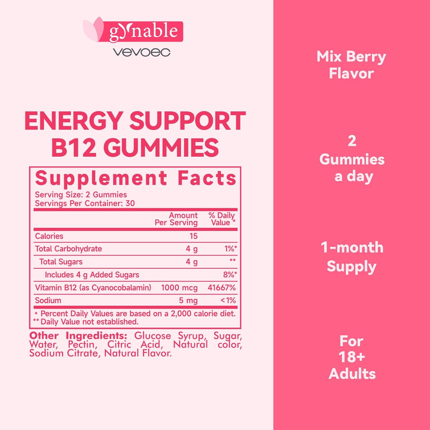 Vitamin B12 Gummies,Energy Support, Nervous System Health Support,Mixed Berry Flavor, 1000mcg,Gelatin-Free, Gluten-Free, Vegan & Non-GMO 60 Count, 1 Month Supply