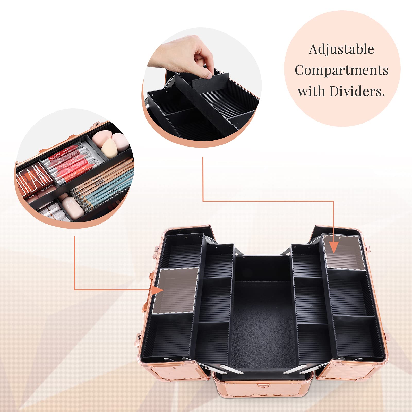 Mallette Maquillage Grande Vanity MaquillageMallette Rangement Maquillagey Vide Mallette à Onglerie en Aluminium avec Bandoulière Beauty Case de Voyage Make up Case, Or Rose