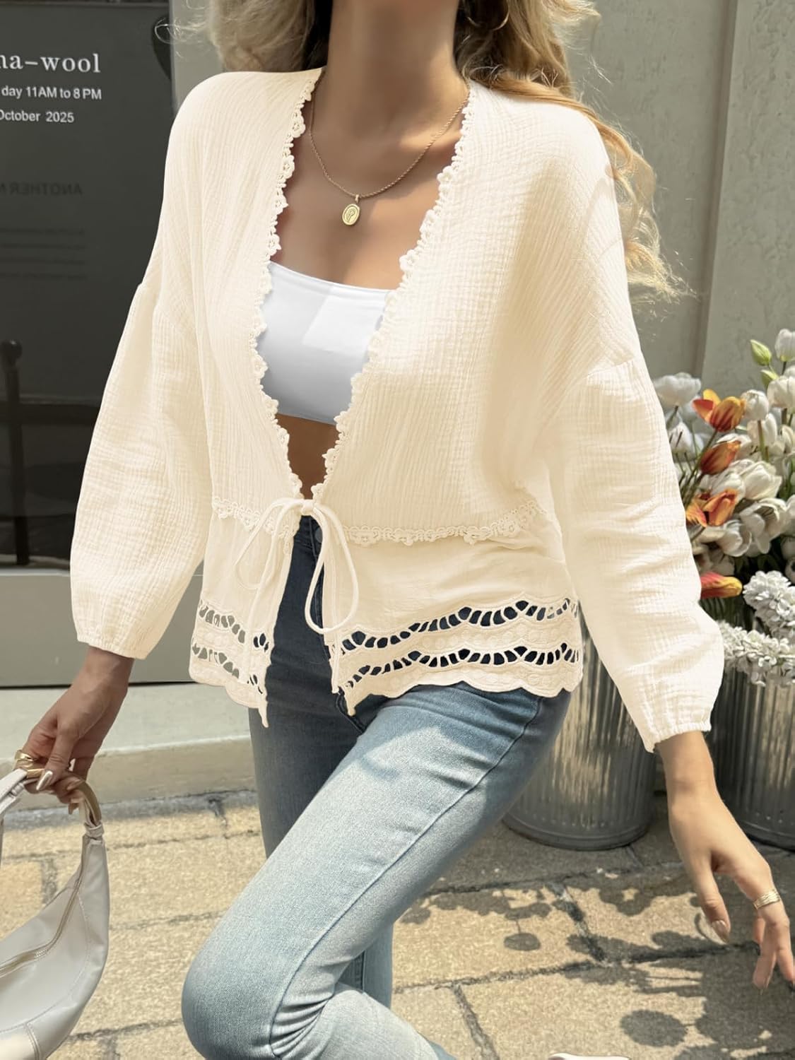 Tankaneo Womens Deep V Neck Tie Front Blouse Cotton Long Puff Sleeve Eyelet Tops Cute Lace Trim Flowy Ruffle Shirts - Image 2