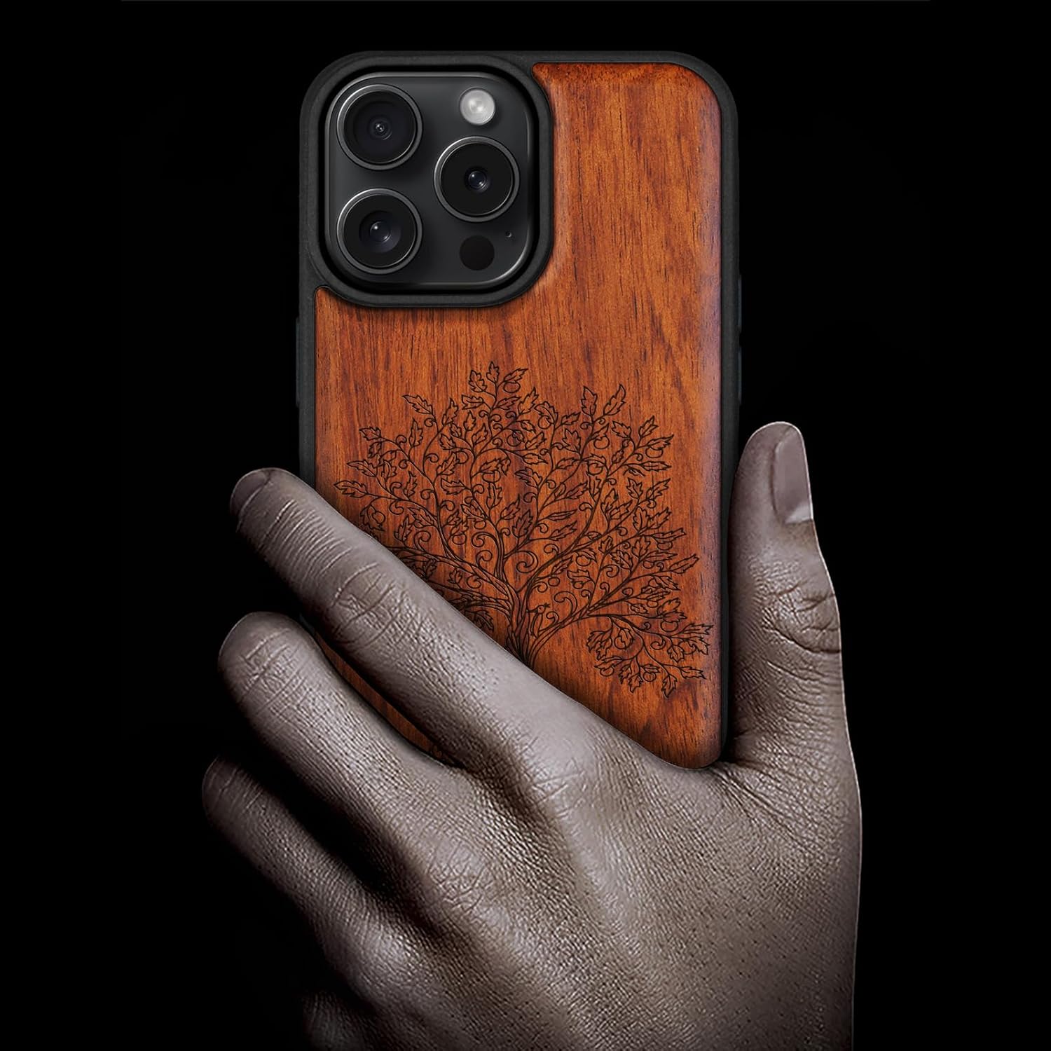 Carveit Magnetic Wooden Case for iPhone 16 Pro Max Case, Wood Artisan Engraved & Black Soft TPU Shockproof Cover, Compatible with MagSafe Wireless Chargers (Fairy Tree Line Art) Rosy