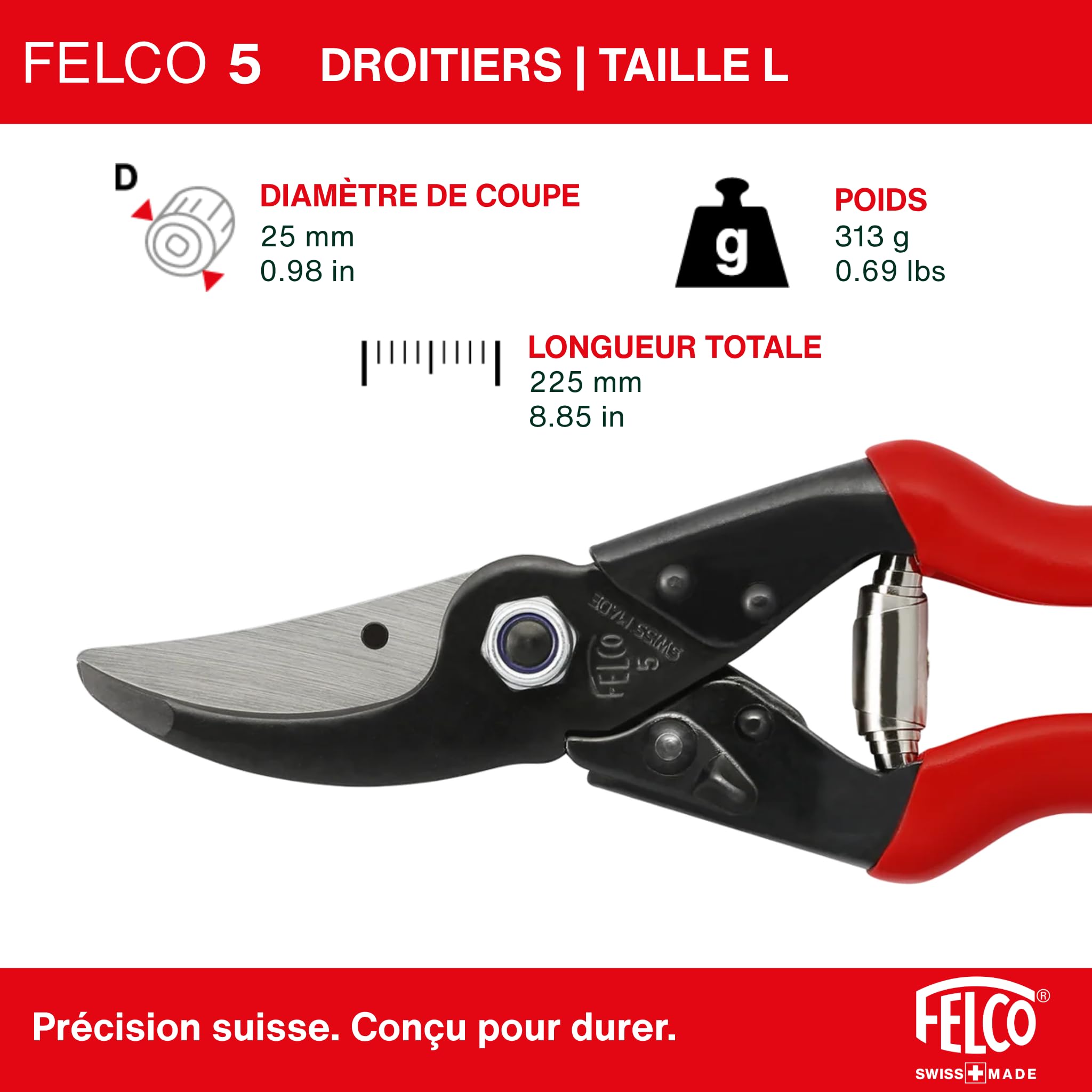 FELCO 5 sécateur puissant pour grande main droite, coupe jusqu’à 25 mm, longueur 225 mm, tête effilée pour accès facile, poignées en acier, idéal pour une taille précise au quotidien
