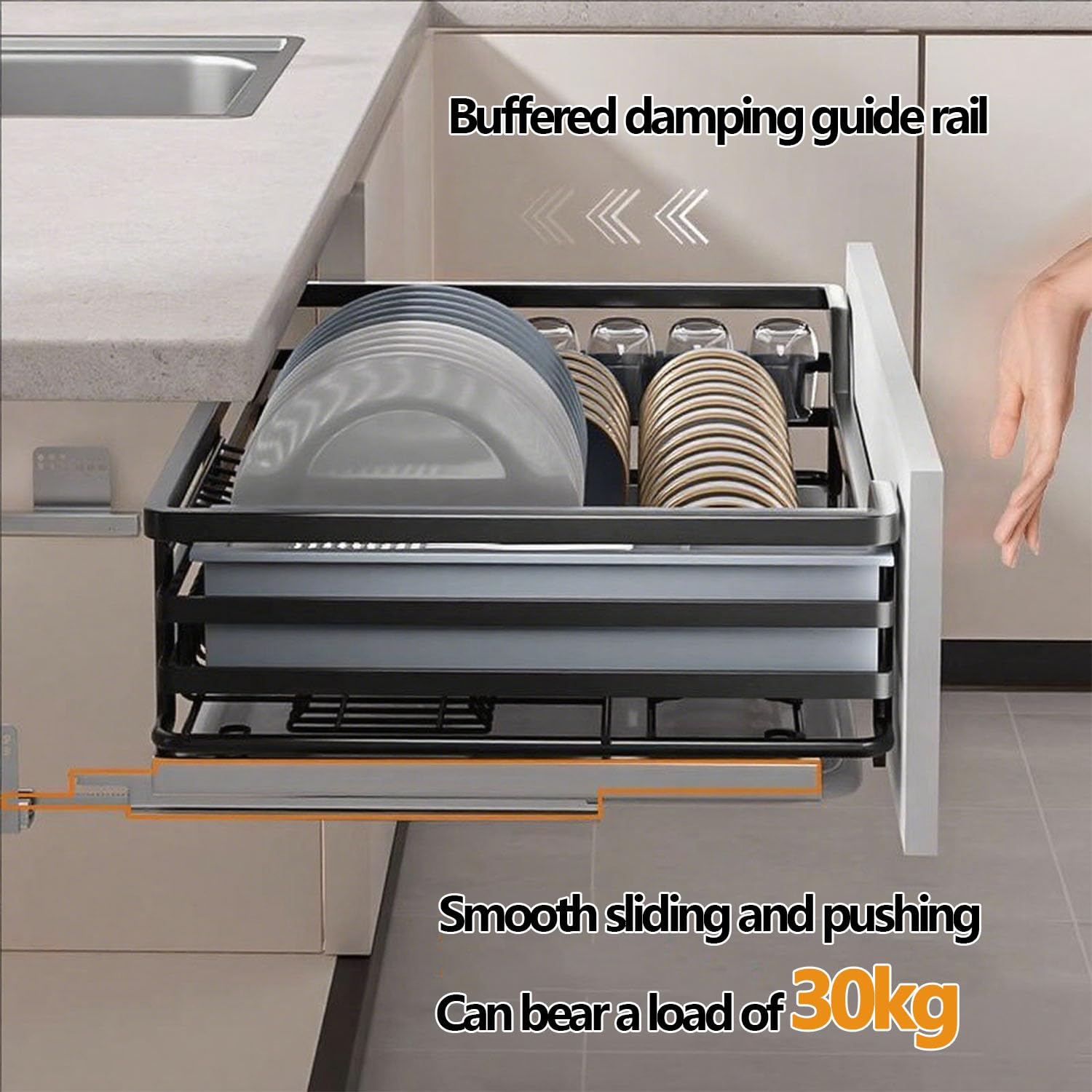 Zestaw 2 przesuwnych szuflad kuchennych, teleskopowa konstrukcja z możliwością rozbudowy, łatwa instalacja, nie wymaga wiercenia ani gwoździ, idealne do przechowywania w kuchni i nizacji.