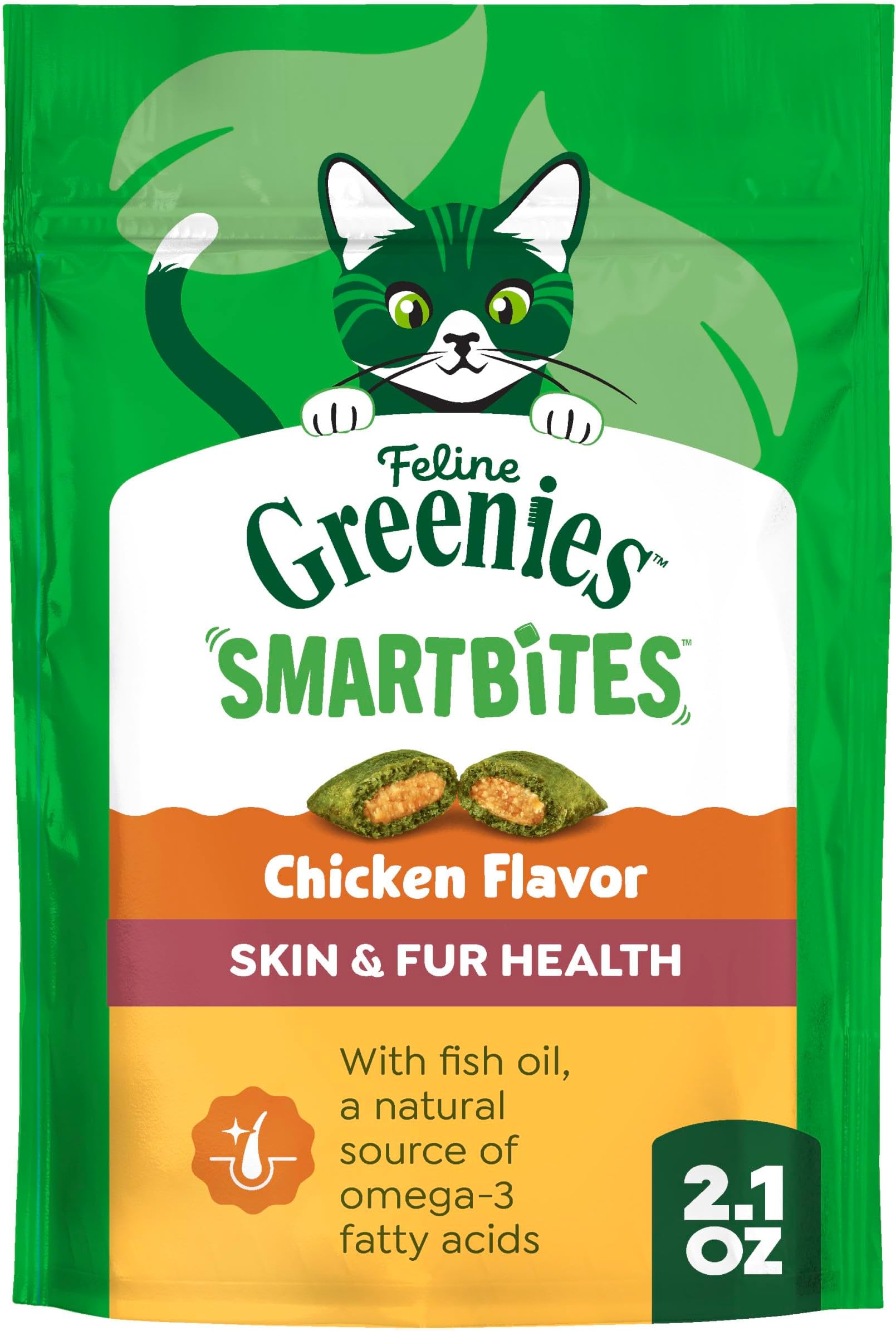 FELINE GREENIES SMARTBITES Skin & Fur Crunchy and Soft Natural Cat Treats, Chicken Flavor, 2.1 oz. Pack
