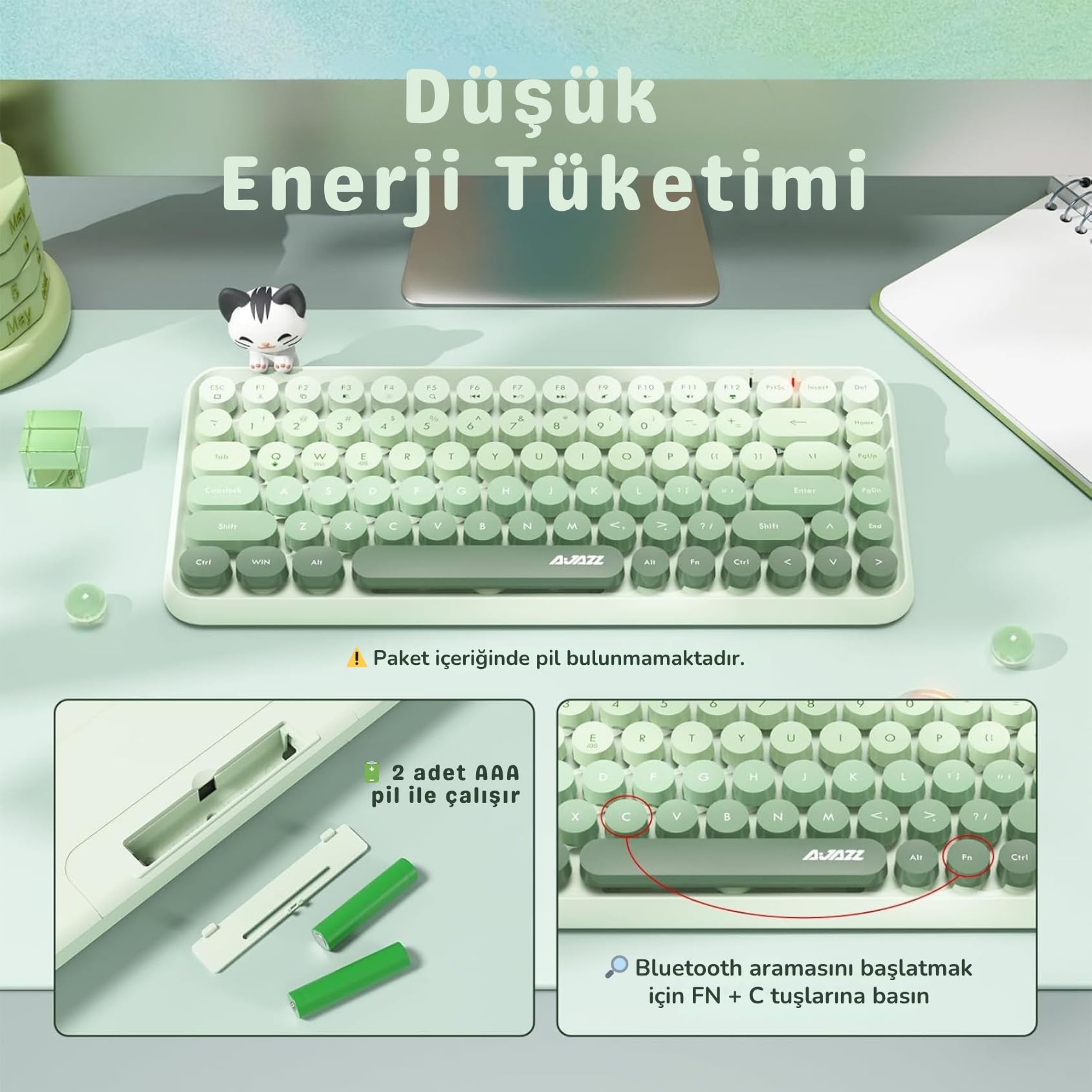 Coverzone Kablosuz Bluetooth Retro Sessiz Klavye – Yuvarlak Tuşlu