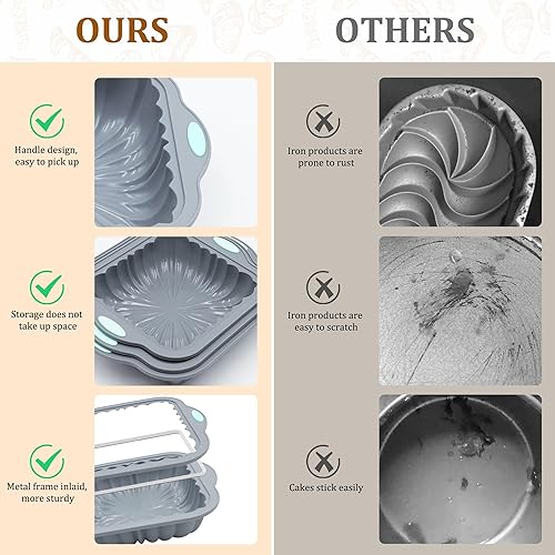 Miniatura 5 de Juego de moldes cuadrados de silicona de 3 piezas, bandejas antiadherentes para hornear con marco de metal, moldes de gelatina, moldes de pastel