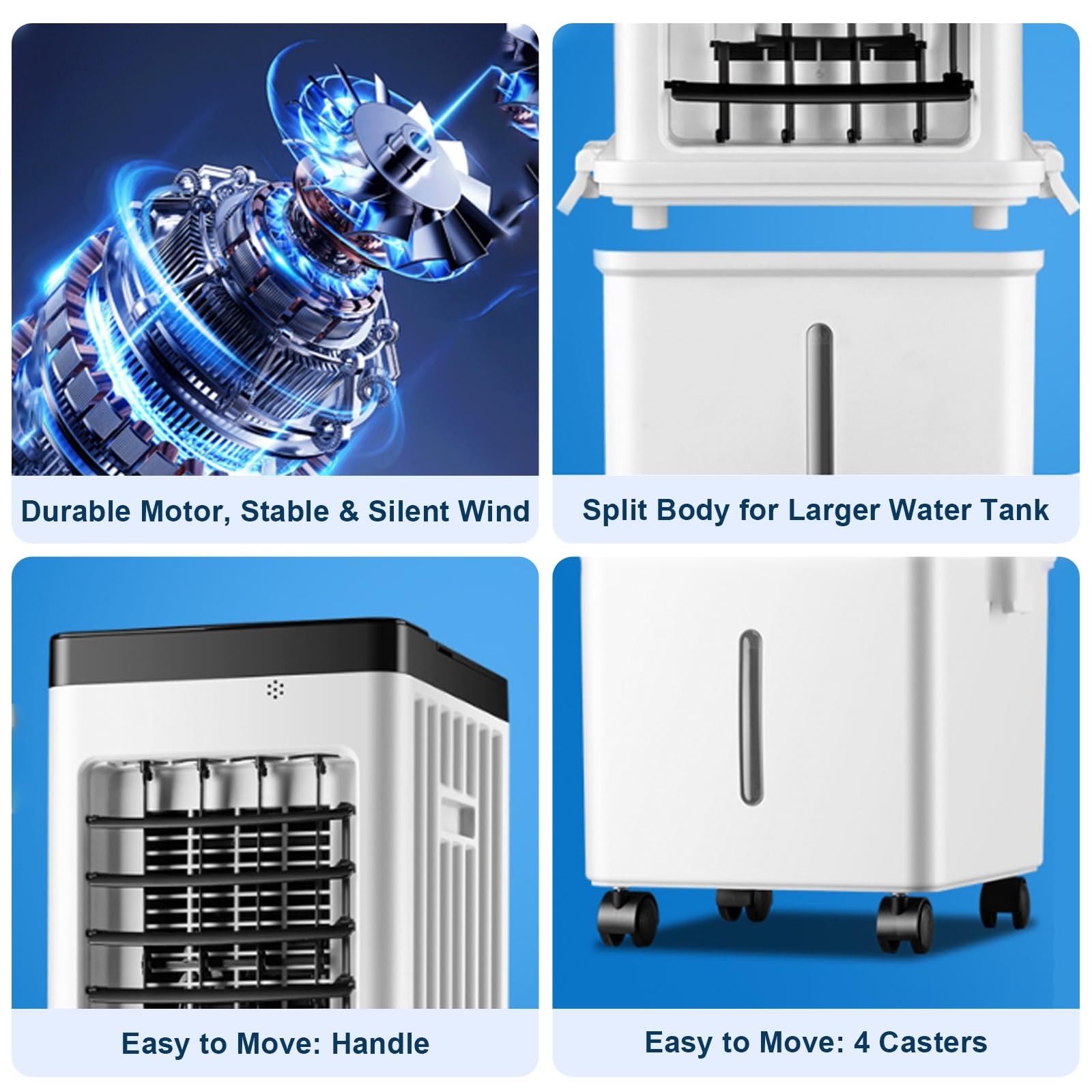 Climatizador Evaporativo Portátil de 3 Velocidades, Enfriador de Aire Silencioso con Llenado Superior, Ruedas y Acumuladores de Hielo para Habitación, Hogar, Oficina