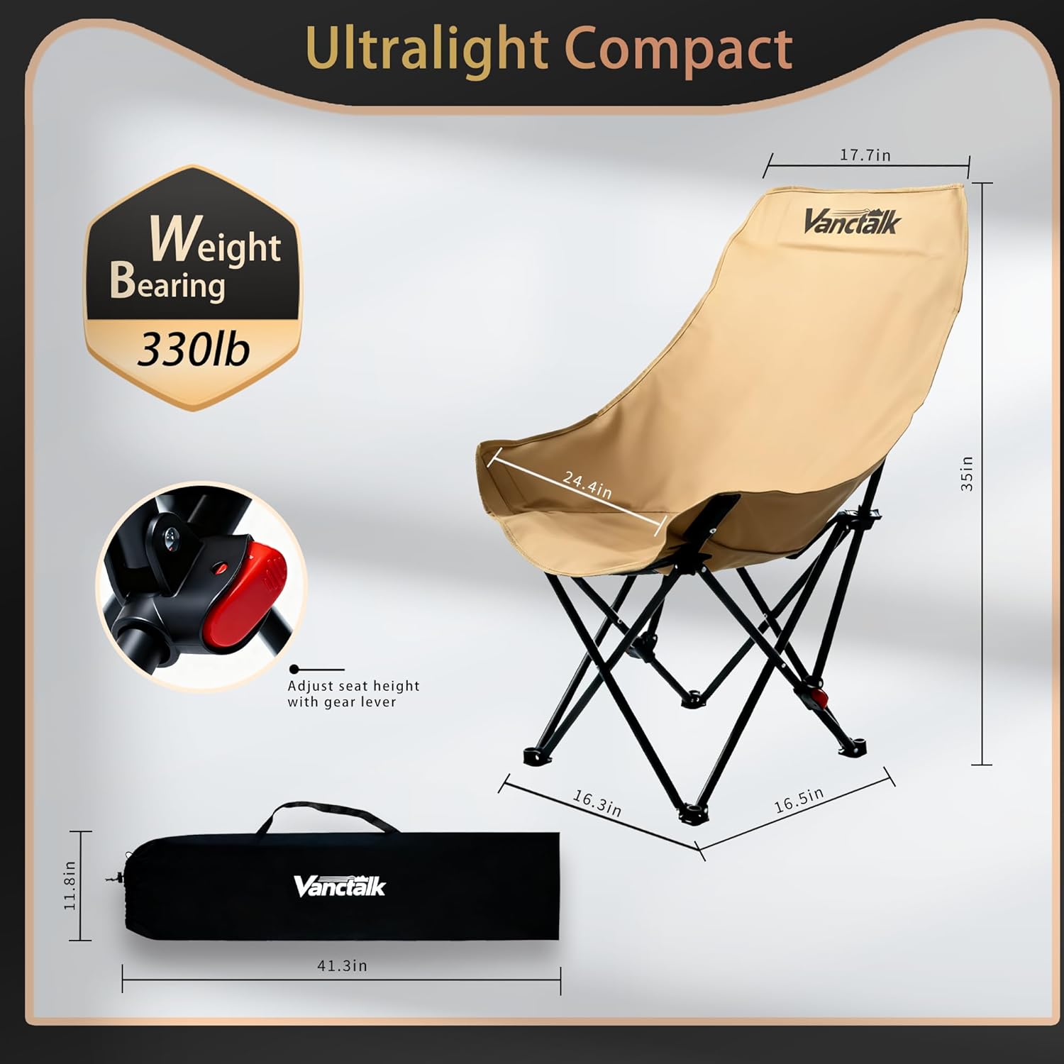 Outdoor Folding Chair, Ultralight 4.4LBS Portable Camping Chair with Adjustable Gear Lever & Carry Bag, 330LBS Heavy Duty Carbon Steel Chair for Camping, Hiking, Picnic, Outdoor Activities