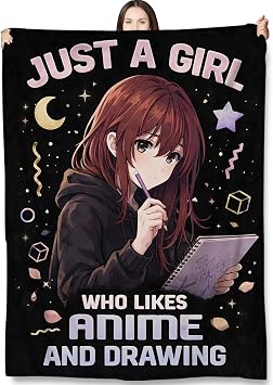 Anime Drawing Girl Throw Blanket Gifts for Kids Women, Just a Girl Who Likes Anime and Drawing Blankets for Couch, Bedroom, Living Room Home Decor, Fuzzy Warm Flannel Plush 50"x60"