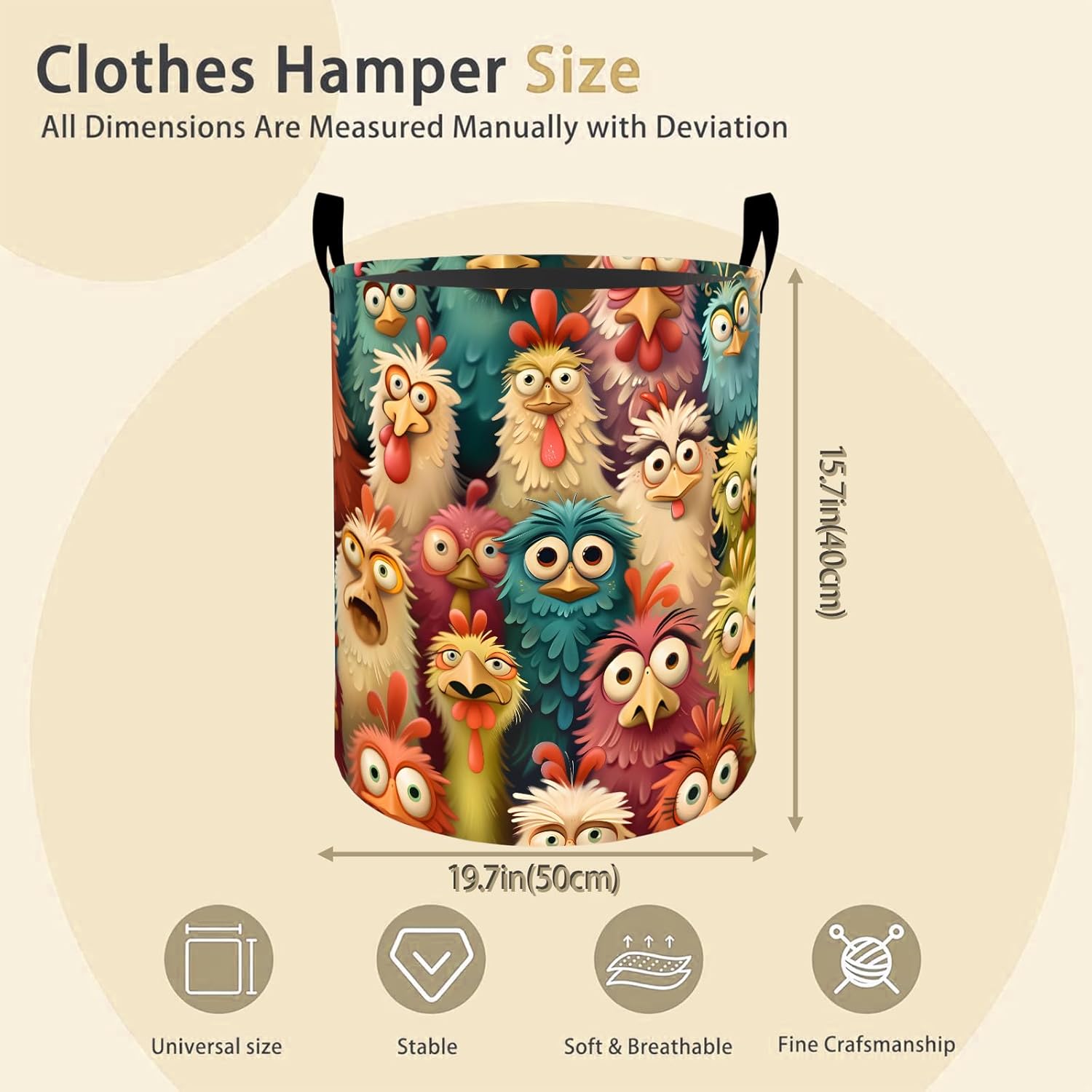 Funny Crazy Chicken Laundry Basket Hamper for Boys Girls Kids Adults, Foldable Waterproof Oxford Clothes Storage Bin, Colorful Cartoon Farm Organizer for Bedroom Bathroom Room Decor 19.7"x15.8"