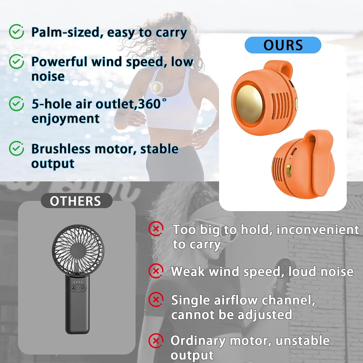 Portable Clip-On Fan, Mini USB Rechargeable 360° Rotatable Fan, Personal Fan 3-Speed Silent Mini Bladeless Fans (Orange) thumbnail
