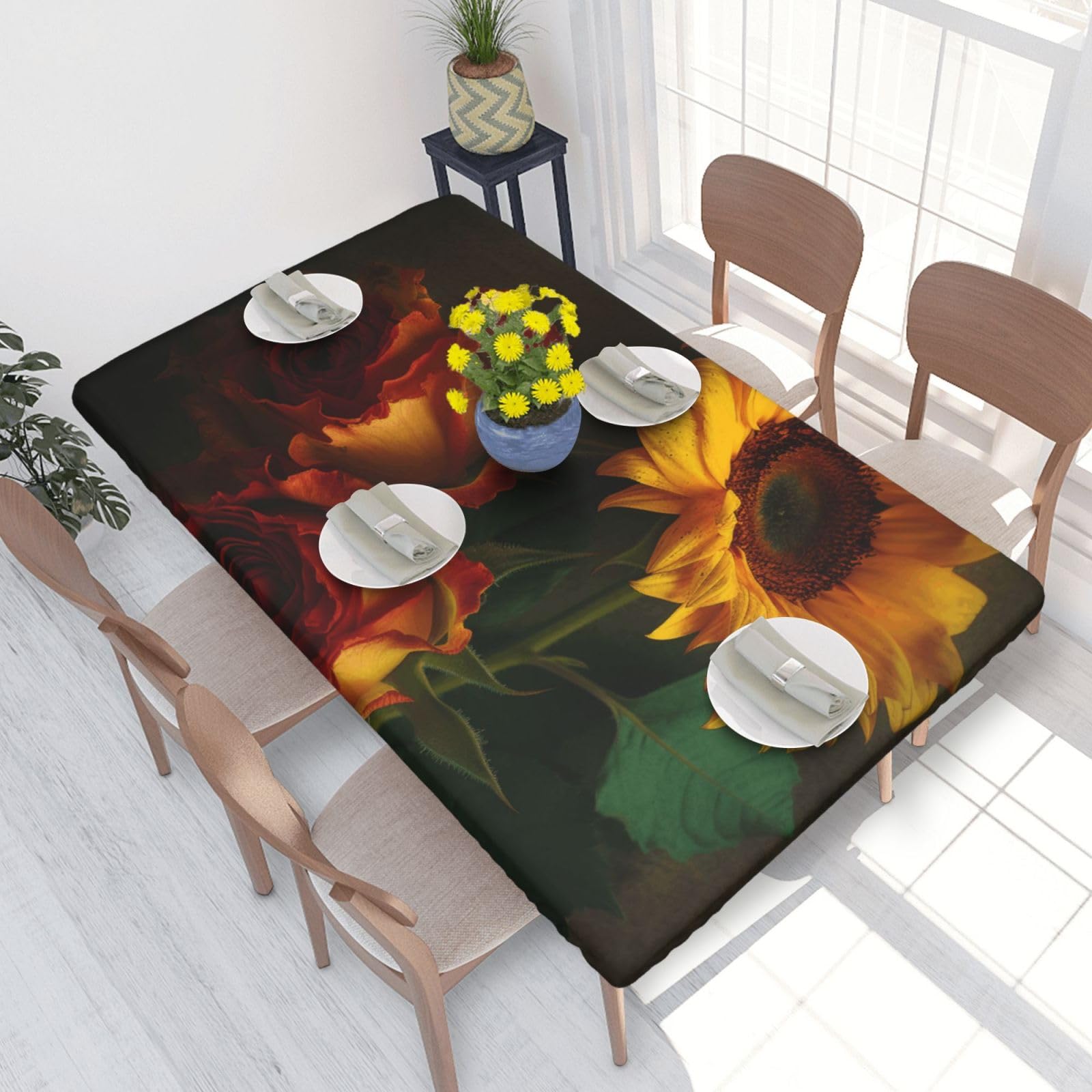 DCARSETCV Sunflower and Rose Printed 4FT Waterproof Tablecloth with Elastic Edged Protect & Decor Your Table, Oil-proof Washable Table Cloth Cover for Dinner Picnic Party