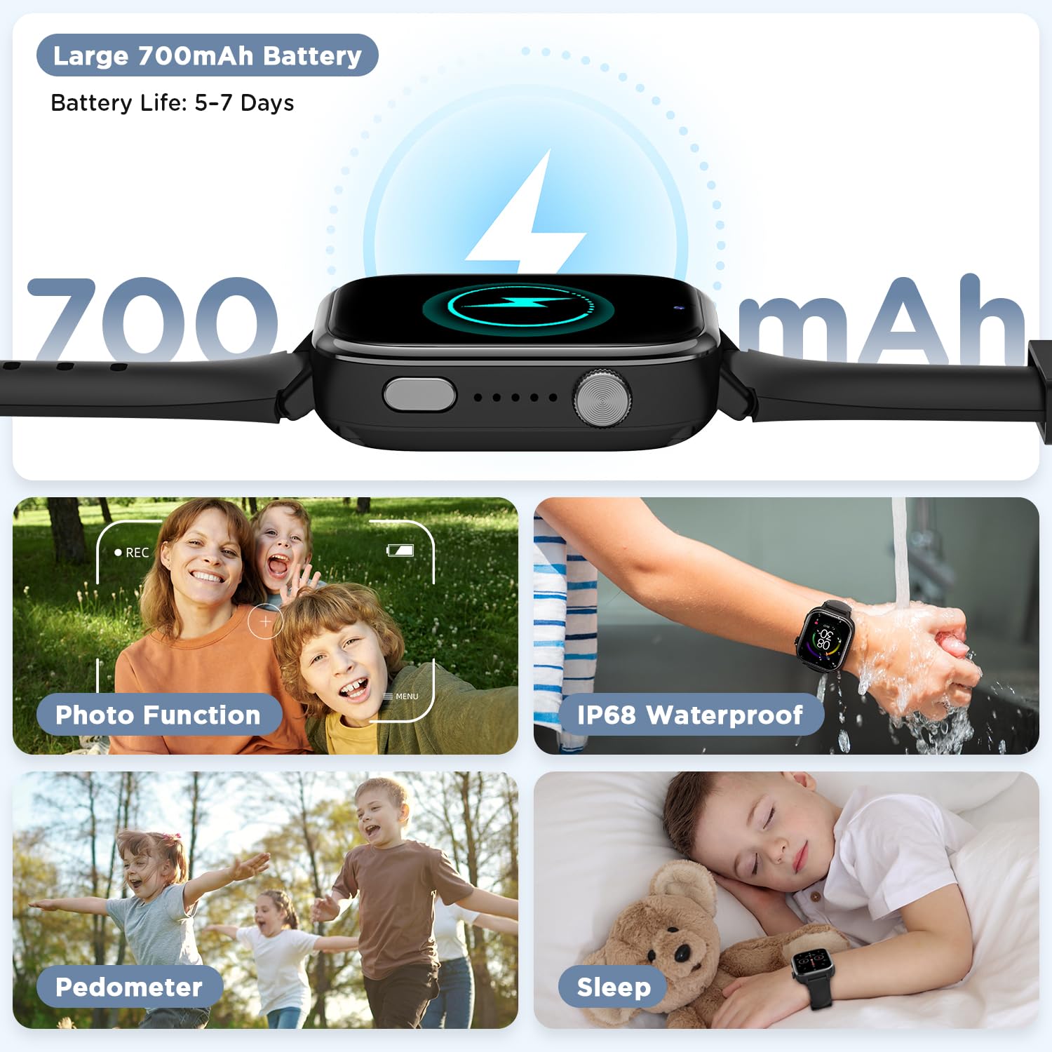Nouvelle 4G Montre Connectée Enfant avec Appel Vidéo & GPS, IP68 Étanche Smartwatch avec SOS, SMS Chat Vocal, Mode École, Podomètre, Réveil, Suivi du Sommeil, Cadeau pour Garçons et Filles Noir