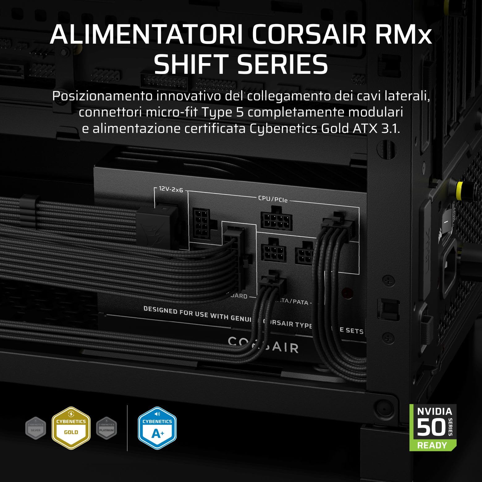 CORSAIR RM750x SHIFT (2025) Alimentatore ATX Completamente Modulare - Interfaccia Laterale Modulare, Cavo Nativo 12V-2x6, ATX 3.1 e PCIe 5.1, Condensatori a 105°C, Cybenetics Gold - Nero