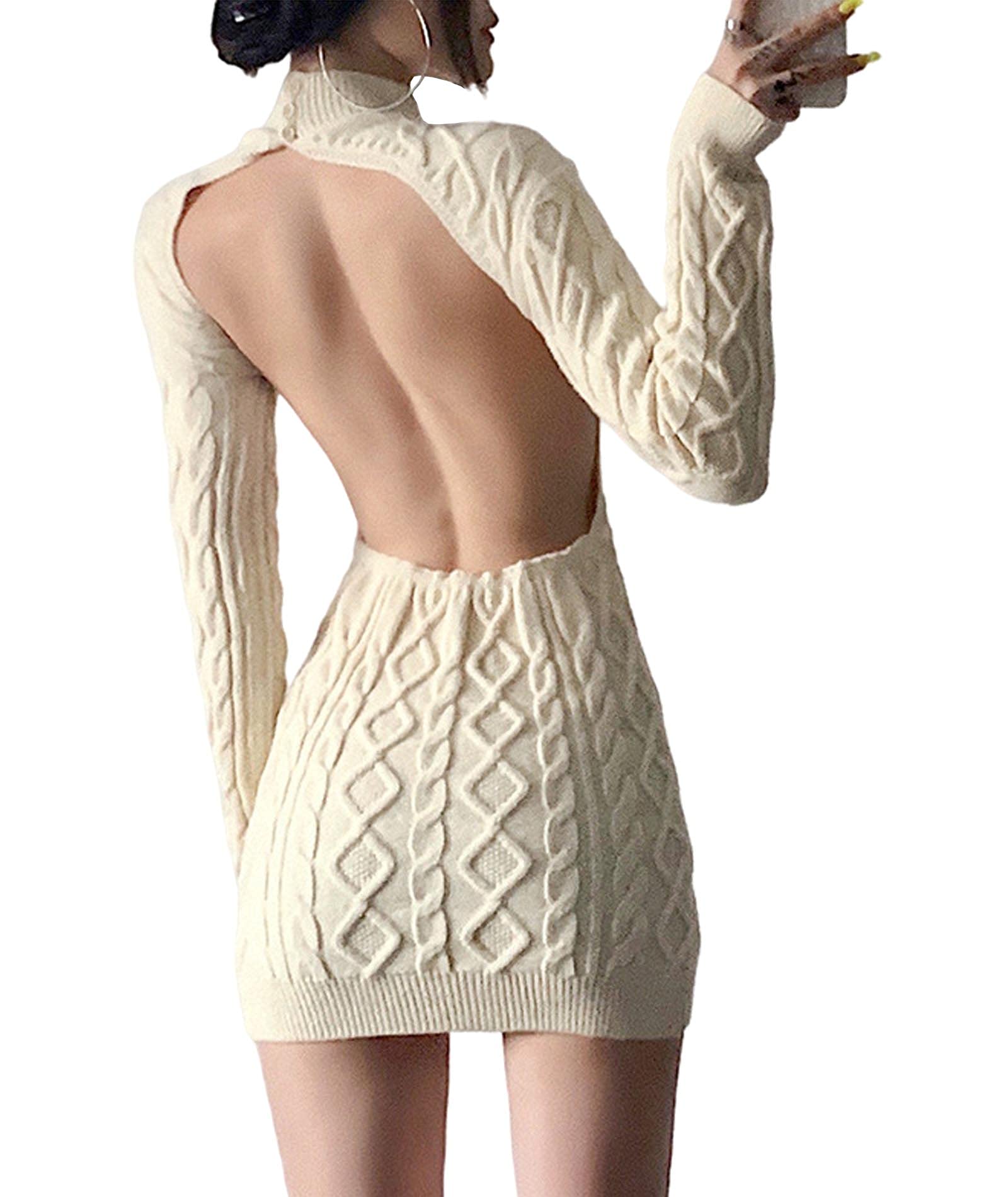 xxxiticat Womens High Neck Sweater Dress Long Sleeve Backless Cut Out See Through Cable Knitted Turtleneck Sweaters