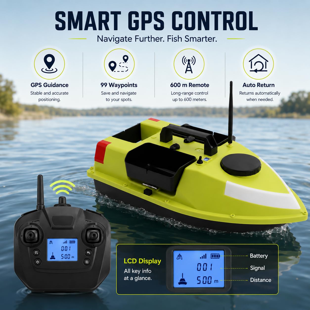 Barca da pesca con GPS, barca da esca radiocomandata, 600 m, portata 1,5 kg, 99 punti di posizione, doppio motore, luce notturna a LED, batteria 2 x 5200 mAh, barca da pesca impermeabile per