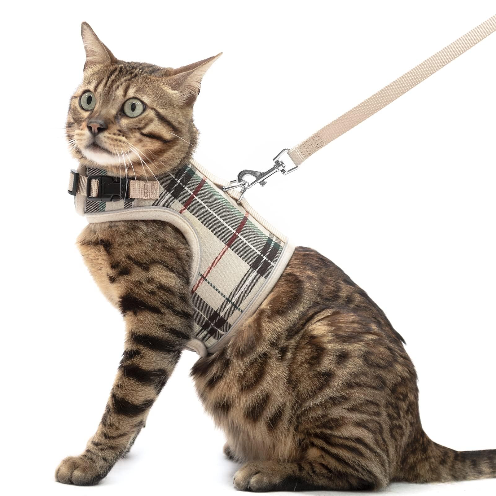 PUPTECK Soft Mesh Cat Vest Harness and Leash Set Puppy Padded Pet Harnesses Escape Proof for Cats Small Dogs Rabbits Bunny, Plaid Beige, L
