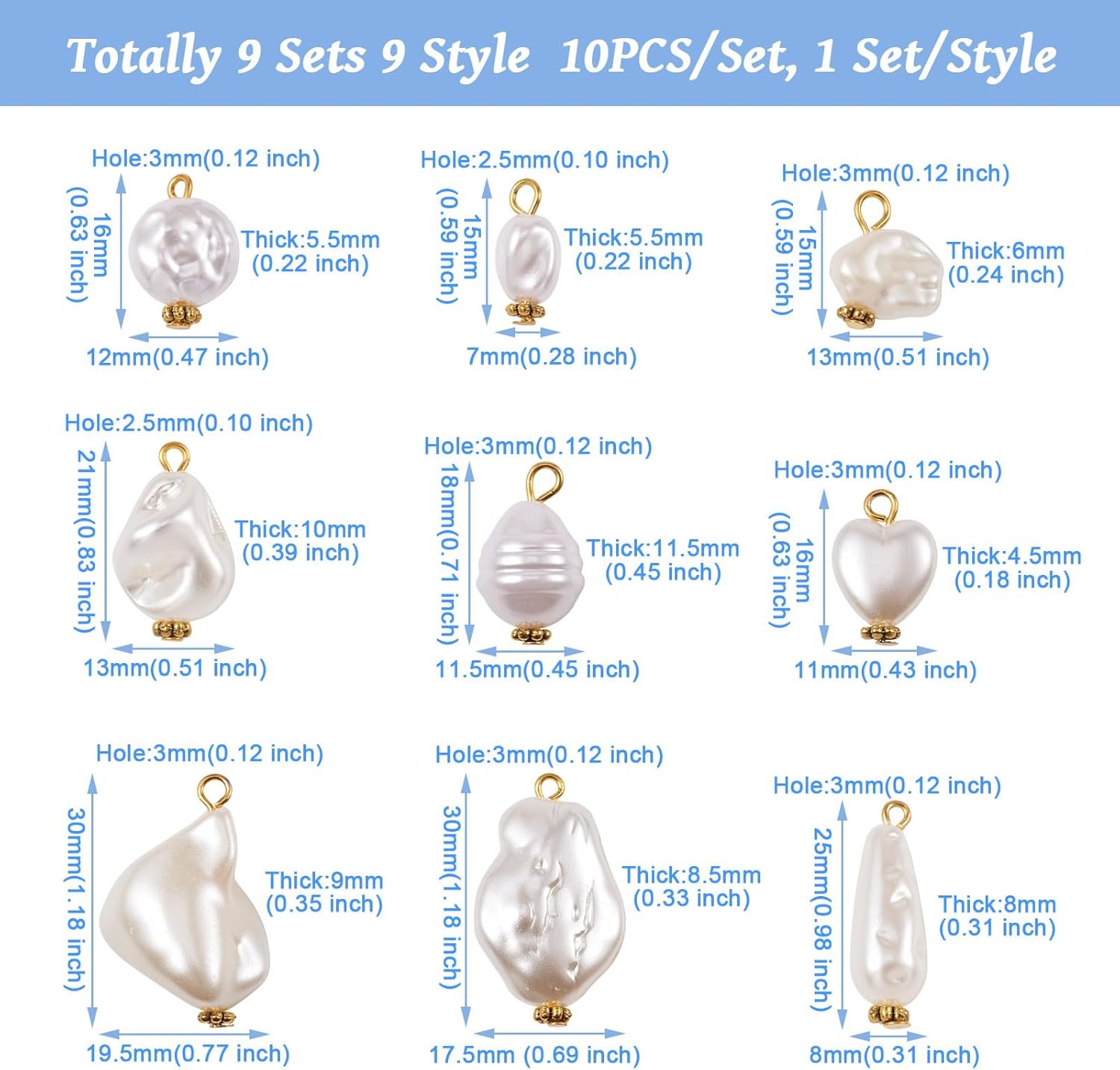 Cheriswelry 90Pcs White Pearl Pendants ABS Imitation Plastic Pearl Dangle Charms with Iron Alloy Findings 9 Styles 15-30mm for DIY Necklace Earring Jewelry Making Crafts - Image 2