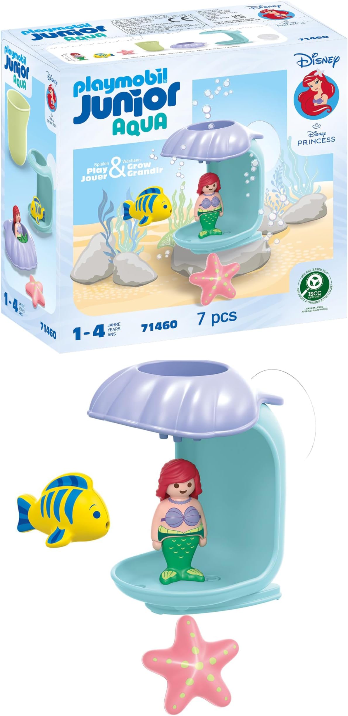 PLAYMOBIL Junior Disney 71460 Ariel Shell Shower Funny Bath Fun with Ariel and Fish Sustainable Toy Made of Bio-Based Plastics for Children from 1 Year