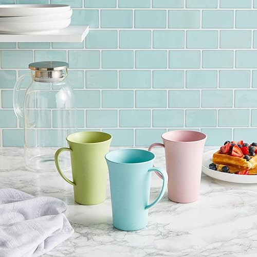 Miniatura 2 de Okuna Outpost Tazas de paja de trigo irrompibles con asa, juego de 6 tazas de café de plástico reutilizables (3 colores, 15 onzas)