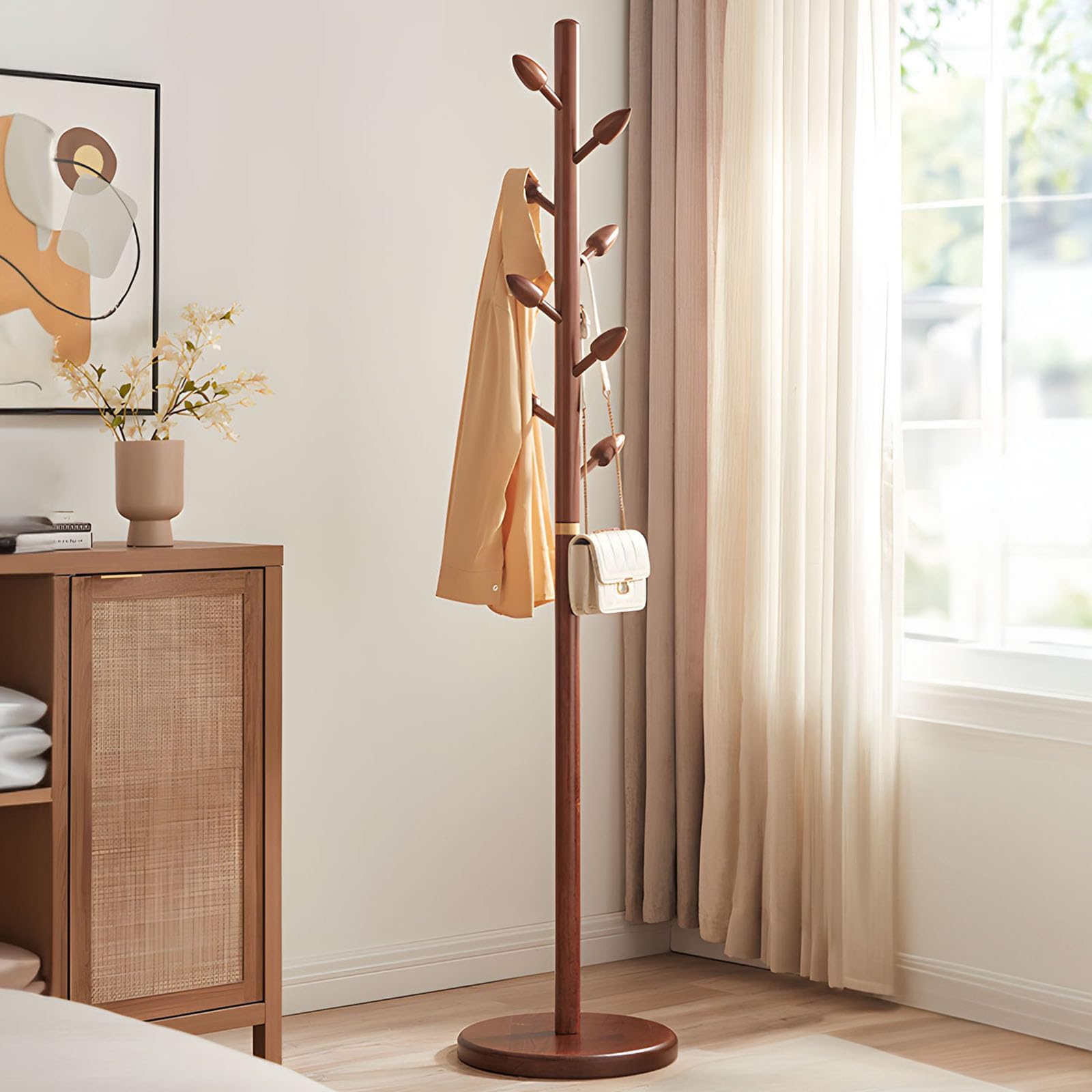 Bekrvio Adjustable Wooden Coat Rack Freestanding, Heavy Duty Coat Tree with 8 Bud-Shaped Hooks, Solid Wood Coat Stand with Sturdy Round Base for Entryway & Bedroom, Holds up to 90kg