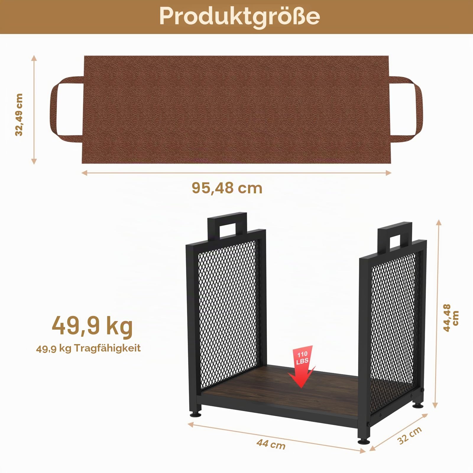 VyGrow Brennholzregal für drinnen und draußen, robuster Brennholzregalhalter, 17,32 Zoll Metall-Holzlagerholzhalter mit Lederträger, kleiner Brennholzständer für Kamin, Terrasse, Deck, schwarz