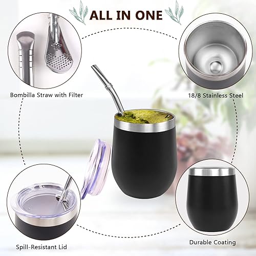 Miniatura 3 de Taza de yerba mate de 8 onzas, el juego de tazas de té incluye taza mate moderna de acero inoxidable, 2 popotes Bombilla Mate, cepillo de limpieza y