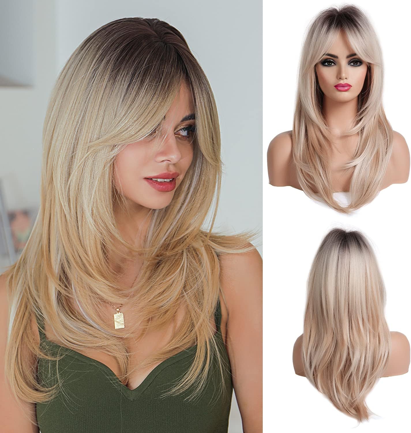 FUHSI Long Blonde Wigs for Women Black Ombre Light Blonde Wig with Bangs Layered Synthetic Hair Wig with Dark Roots for Daily Party