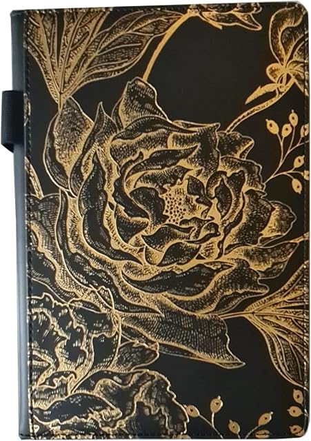 EJRange A5 Notebook Lined Journal - PU Leather, Wipe Clean Cover, Elastic Closure, Pen Loop, Ruled, 192 Pages, Gold Rose Design (Black)
