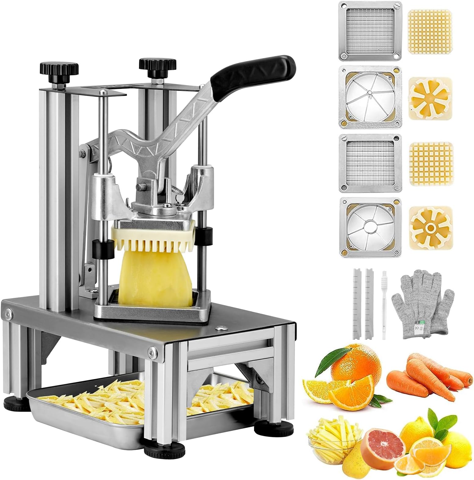 VEVOR Commercial French Fry Cutter with 4 Replacement Blades, 1/4" and 3/8" Blade Easy Dicer Chopper, 6-wedge Slicer and 6-wedge Apple Corer, Lemon Potato Cutter for French Fries with Extended Handle