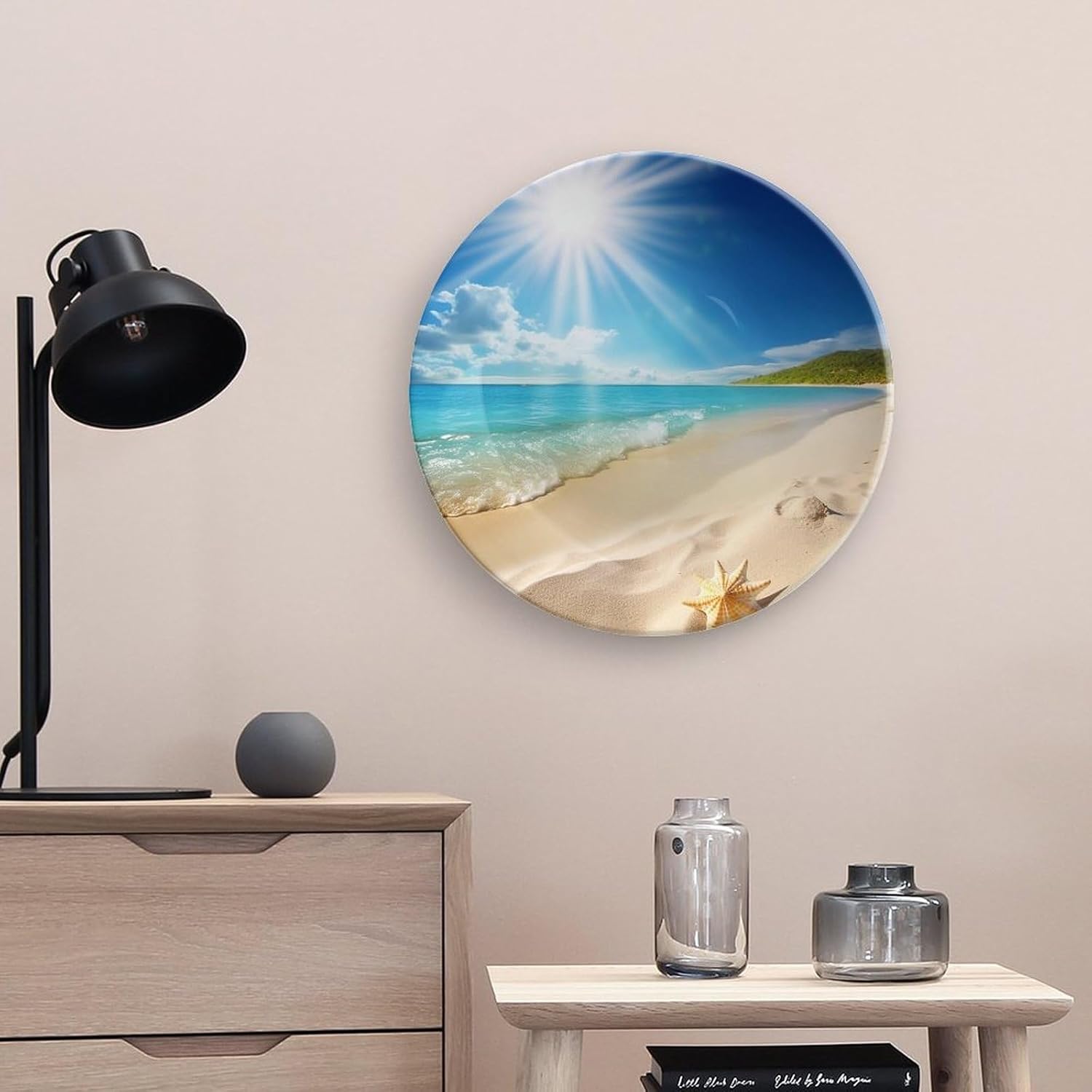Bright Sunshine Summer Beach Ceramic Plate 10inch Decorative Bone China Wall Hanging Ornament Plates Bohemian Style Dinner Plate with Display Stand Cabinet Display Plates for Home Art Decor