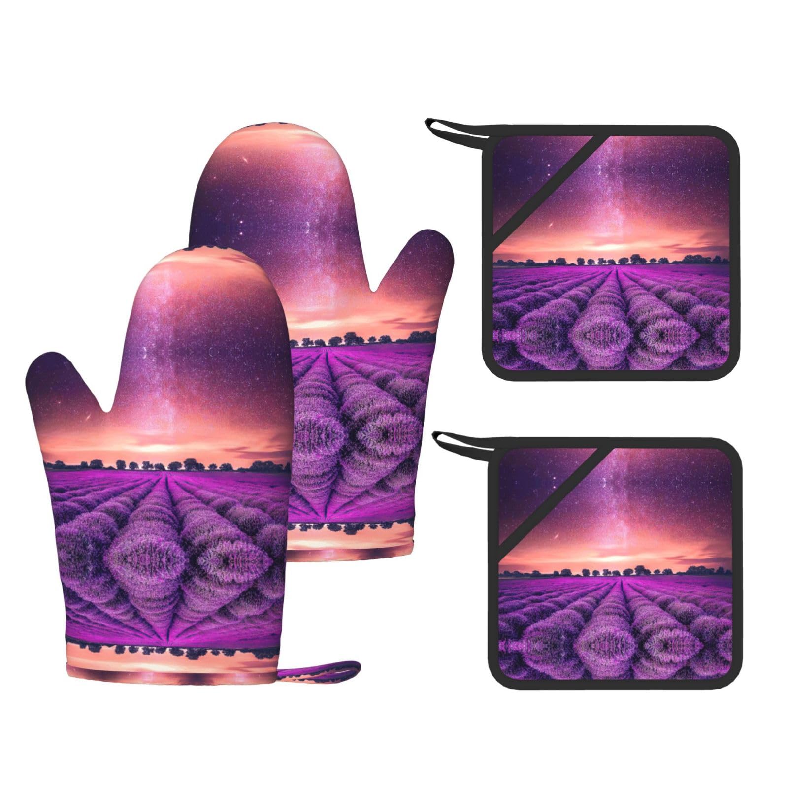 lavender fields Printed Potholder and Oven Mitt Set of 4, High Heat Resistant Cooking Gloves for BBQ Grilling