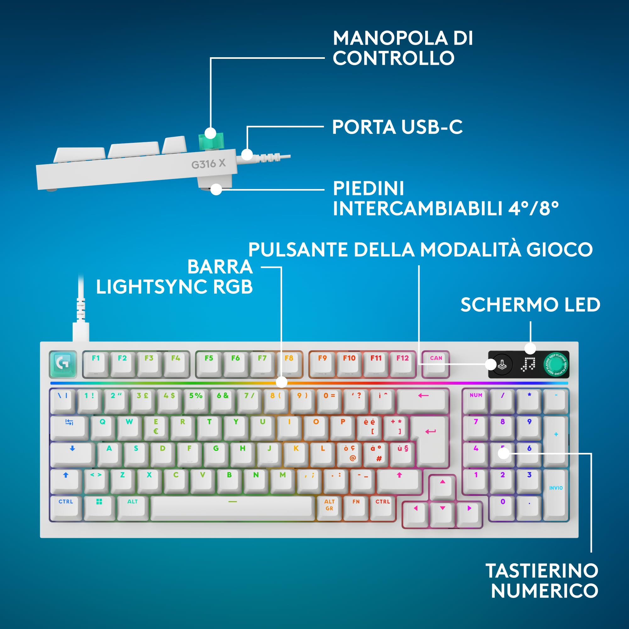 Logitech G G316 X 98, tastiera gaming, 8 kHz, switch Tactile hot-swap, struttura a guarnizione, display LED matrice & manopola, tasti PBT bicomponente, USB-C, RGB LIGHTSYNC, PC, ITA QWERTY - Bianco