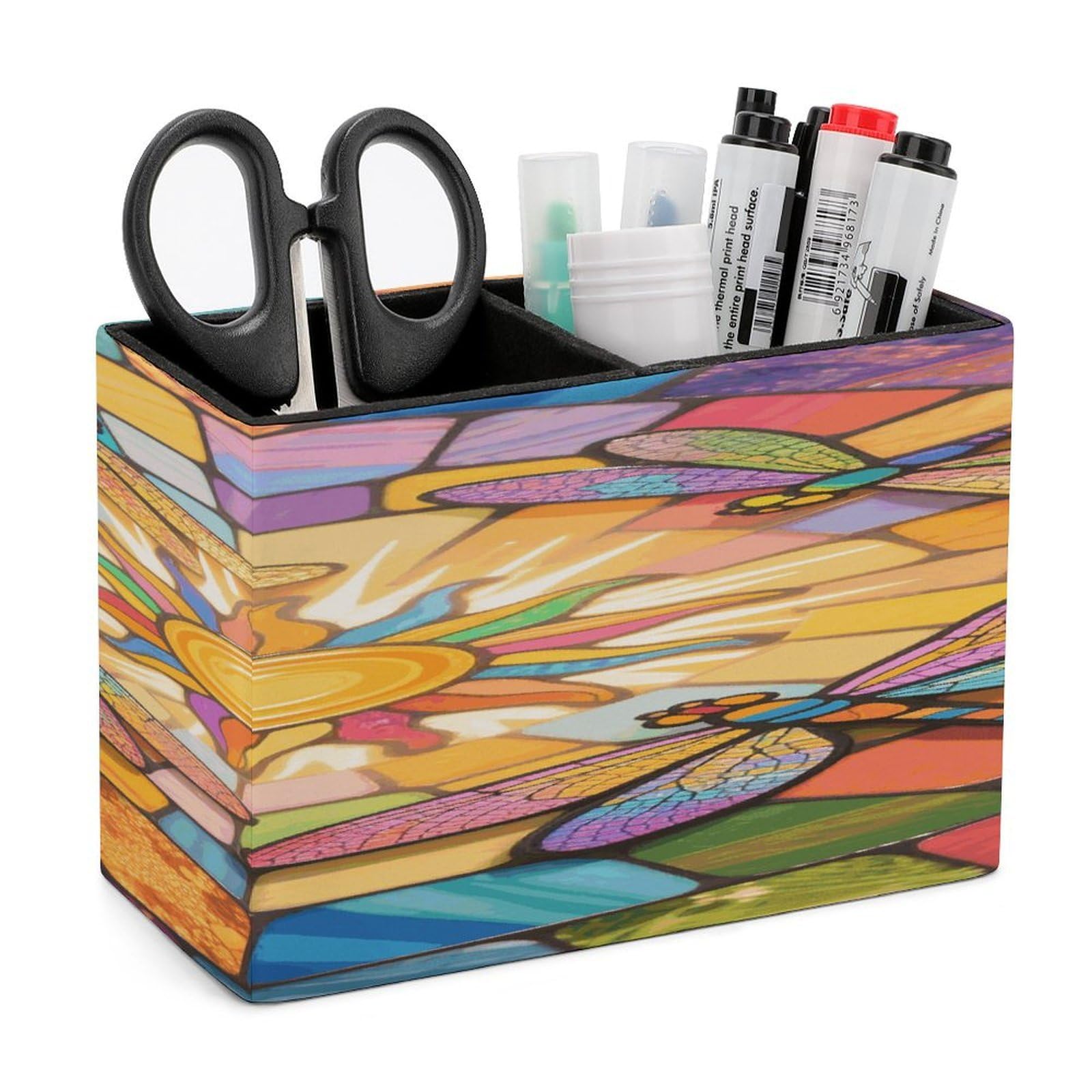 VstaDank Stained Glass Dragonfly Pencil Holder for Desk Organizer 2 Compartments Pen Cup Leather Square Pen Holder Pencil Cup Stand Makeup Brush Holders for Desktop Organizer Storage Case
