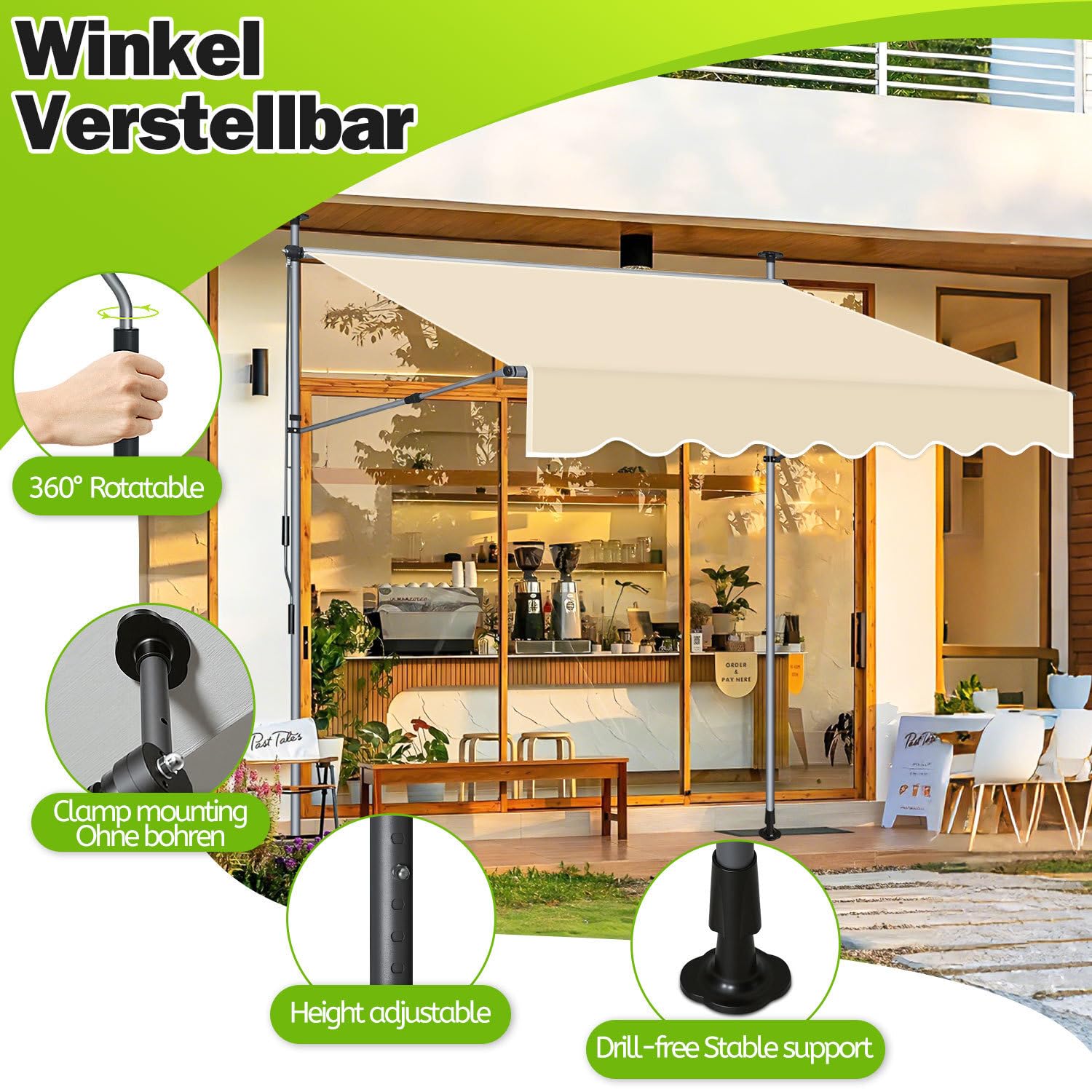Ikodm Klemmmarkise 400cm Breit mit Handkurbel, Balkonmarkise ohne Bohren, Markise mit Verlängerten Einziehbaren Seitenstangen, UV-beständig höhenverstellbar Sonnenschutz, Beige