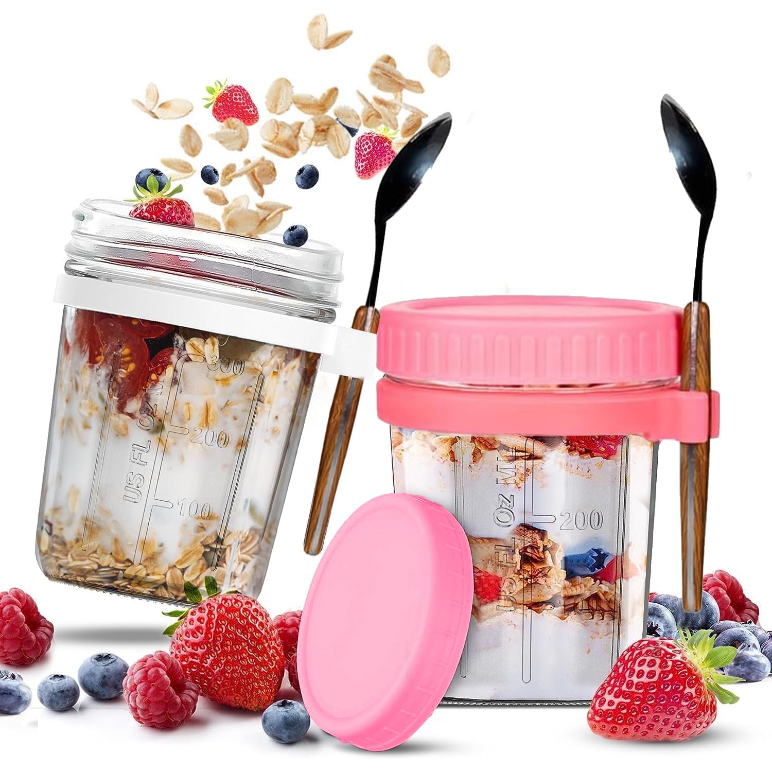 2 Pack 350ml Glass Storage Jars with Airtight Lids & Spoon | Leakproof Glass Food Jars for Oatmeal, Meal Prep, Breakfast, Cereal, Salad & Fruit | Reusable Glass Jars with Lid for Kitchen