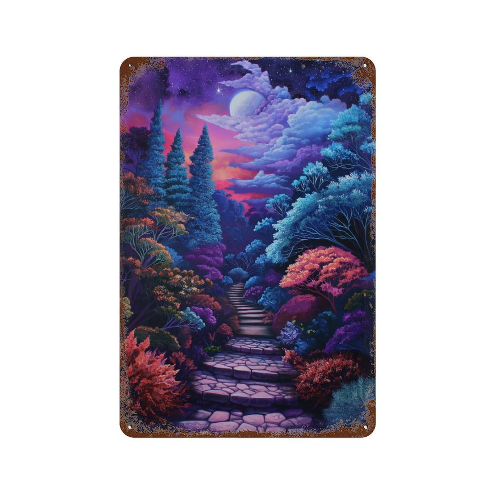 Garage Style Enchanted Forest Pathway Distressed Metal Wall Sign 11.8"x7.9", Farmhouse Wall Decor for Bar And Workshop