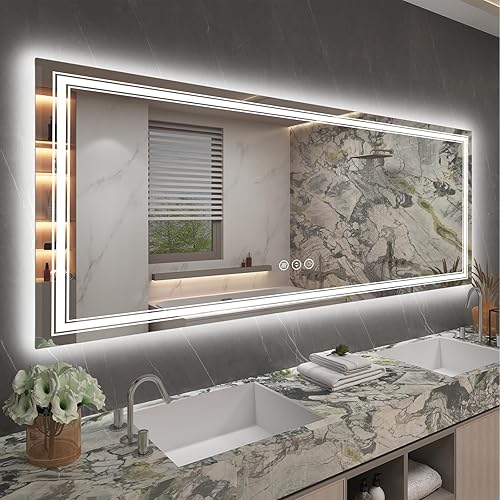 Espejo de baño LED de 84 x 32 pulgadas, espejo de tocador grande regulable con luces, espejo LED iluminado para pared, antiniebla, luces delanteras