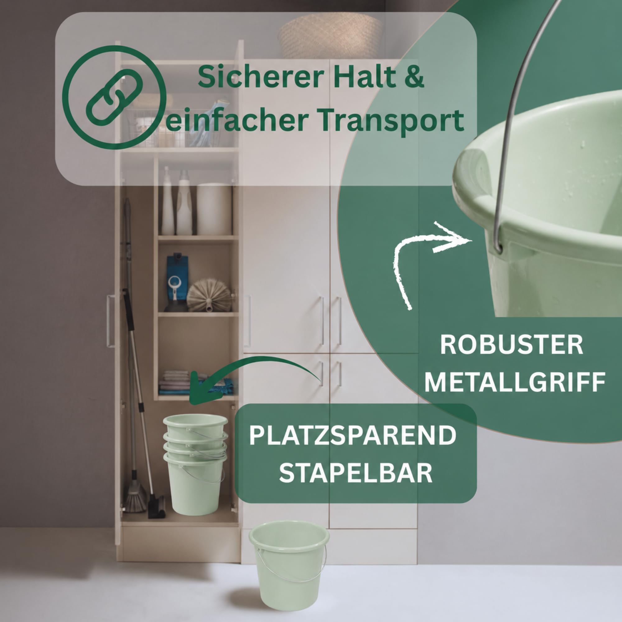 Novaliv 20 Stück Eimer 5L Grün mit Maßeinteilung Putzeimer Liter 22,5 cm Praktischer Allrounder mit Skala für Haushalt Garten ideal als Haushaltseimer, Wassereimer, Wischeimer, Bucket