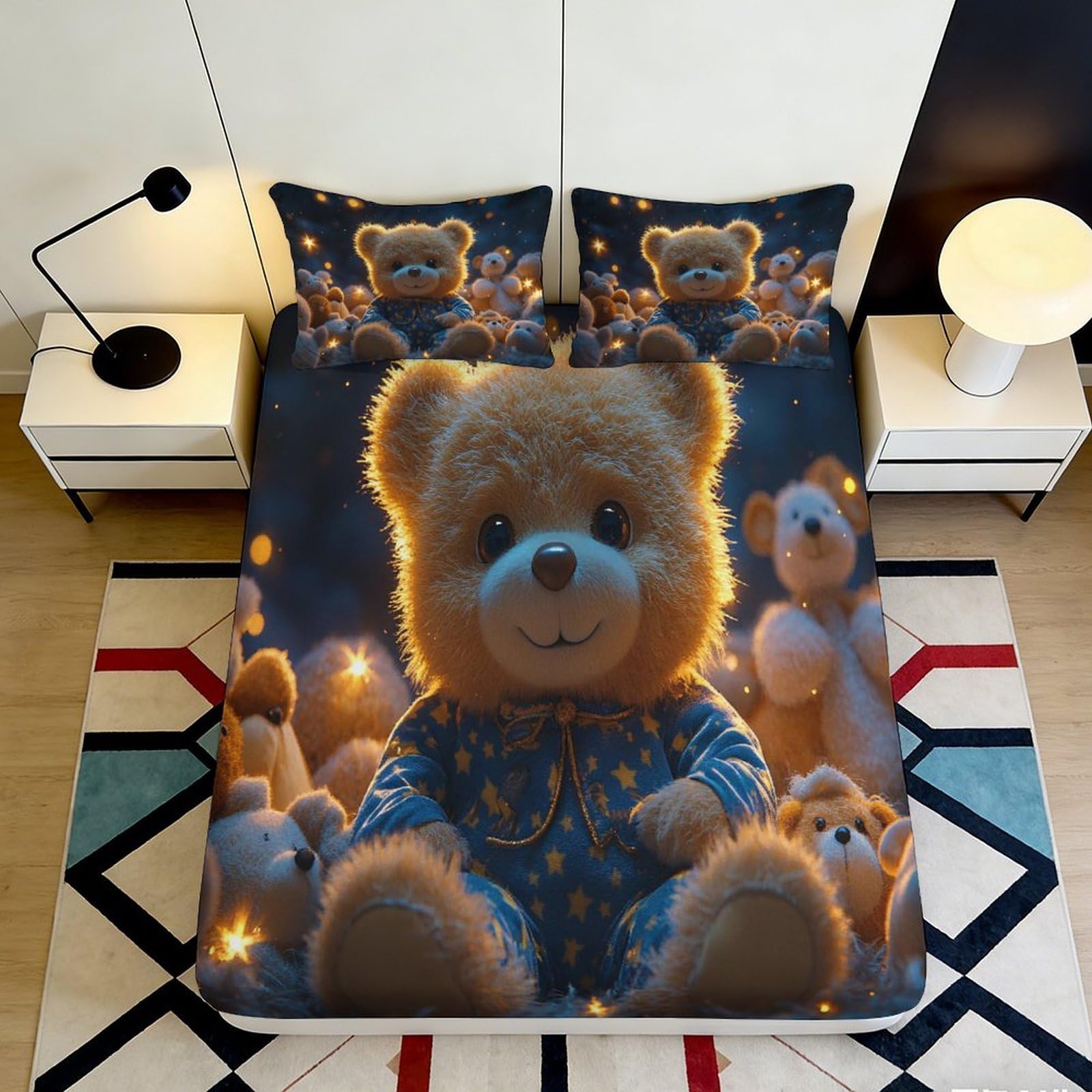 3D Printed Teddy Bear Fitted Sheet Microfiber Soft Non Slip Cartoon Plush Bed Cover for Bedroom Dorm Mattress Decor 90x200x25cm