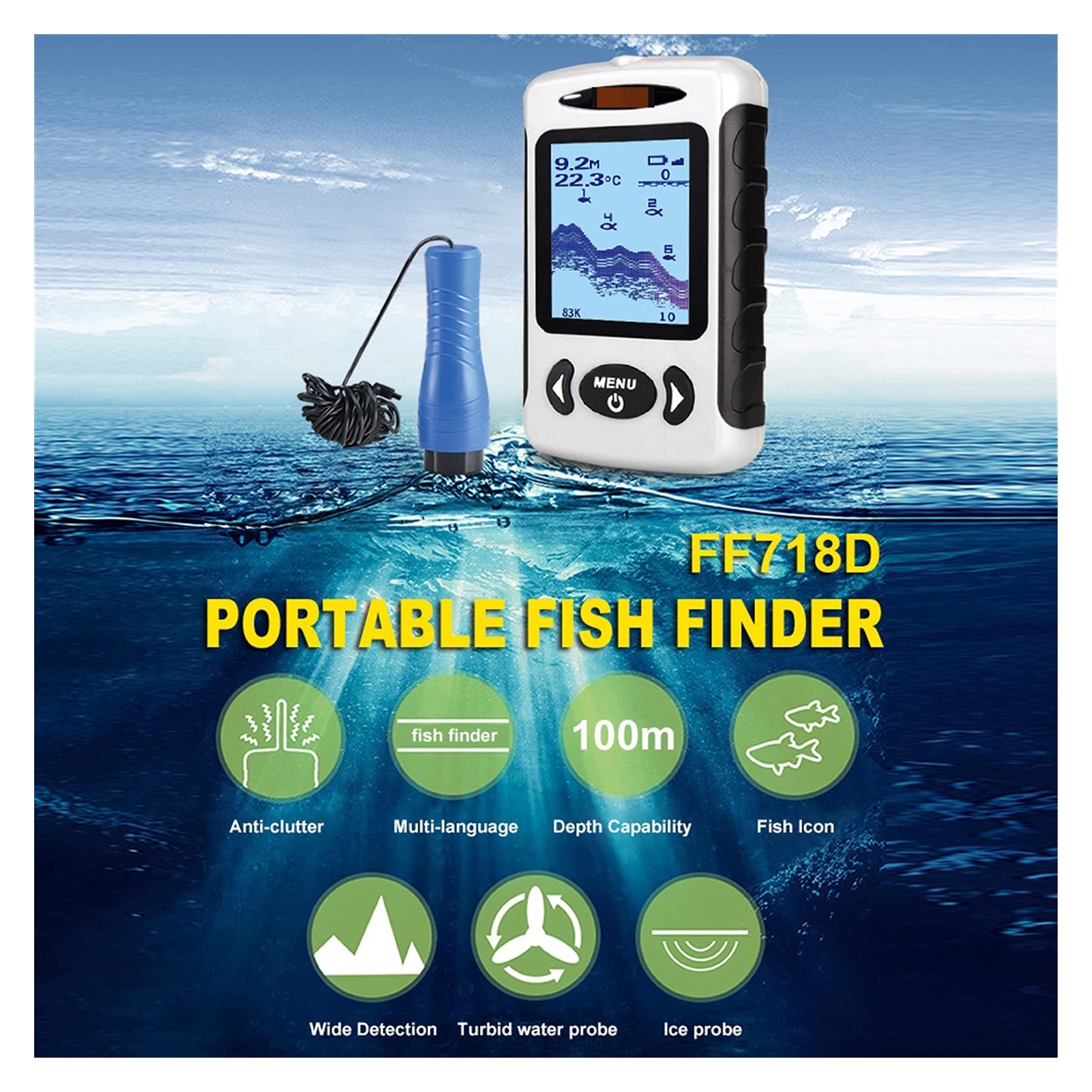 Buscador de Peces, 2. " LCD Finder portátil de Pescado al Aire Libre 200kHz / 83kHz Dobsar Doble Sonar 100M Detector for Pesca con Hielo