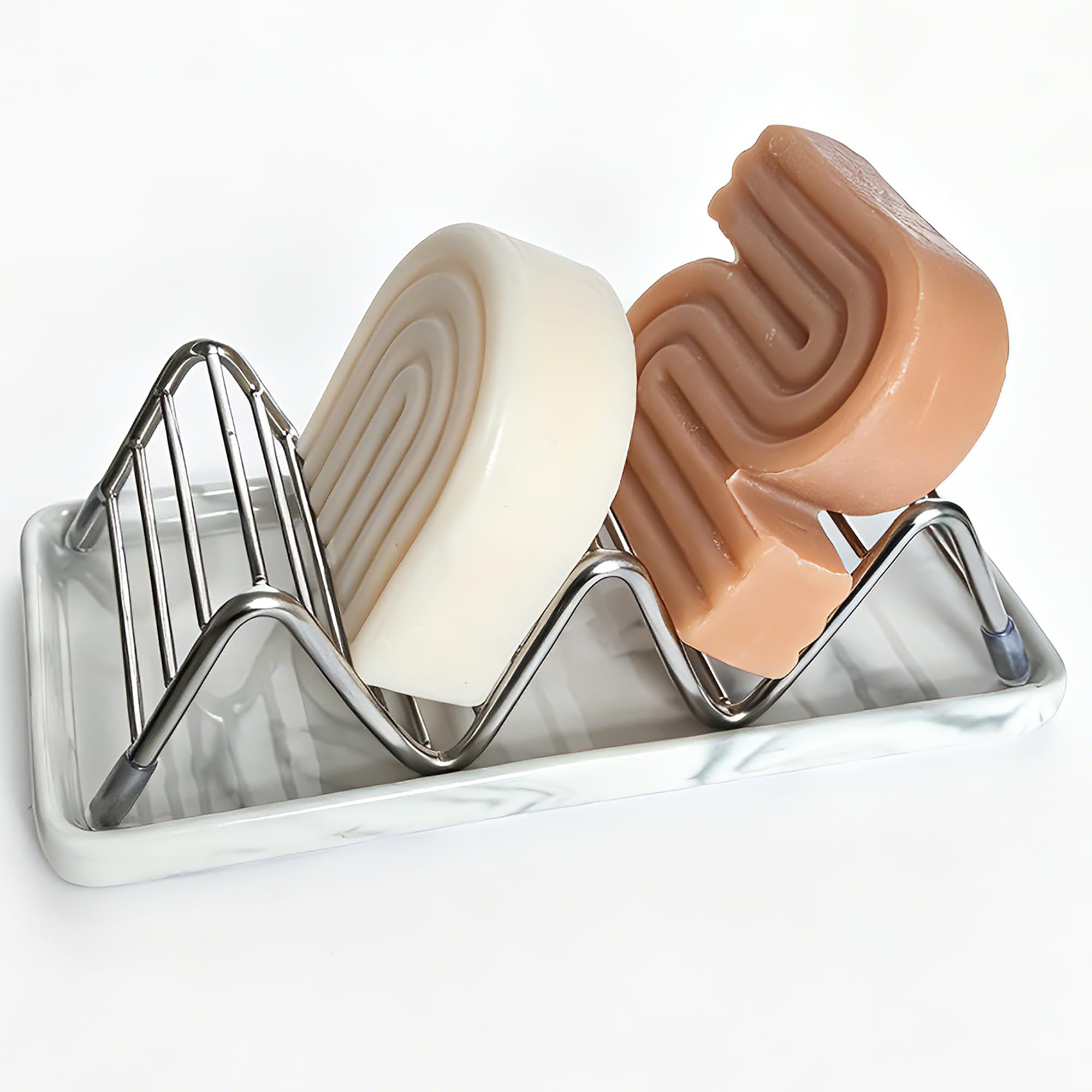 Jabonera, barra de ducha autodrenante de acero inoxidable con bandeja de cerámica, ahorrador de jabón estilo W para baño, fregadero, cocina y encimera (textura gris)