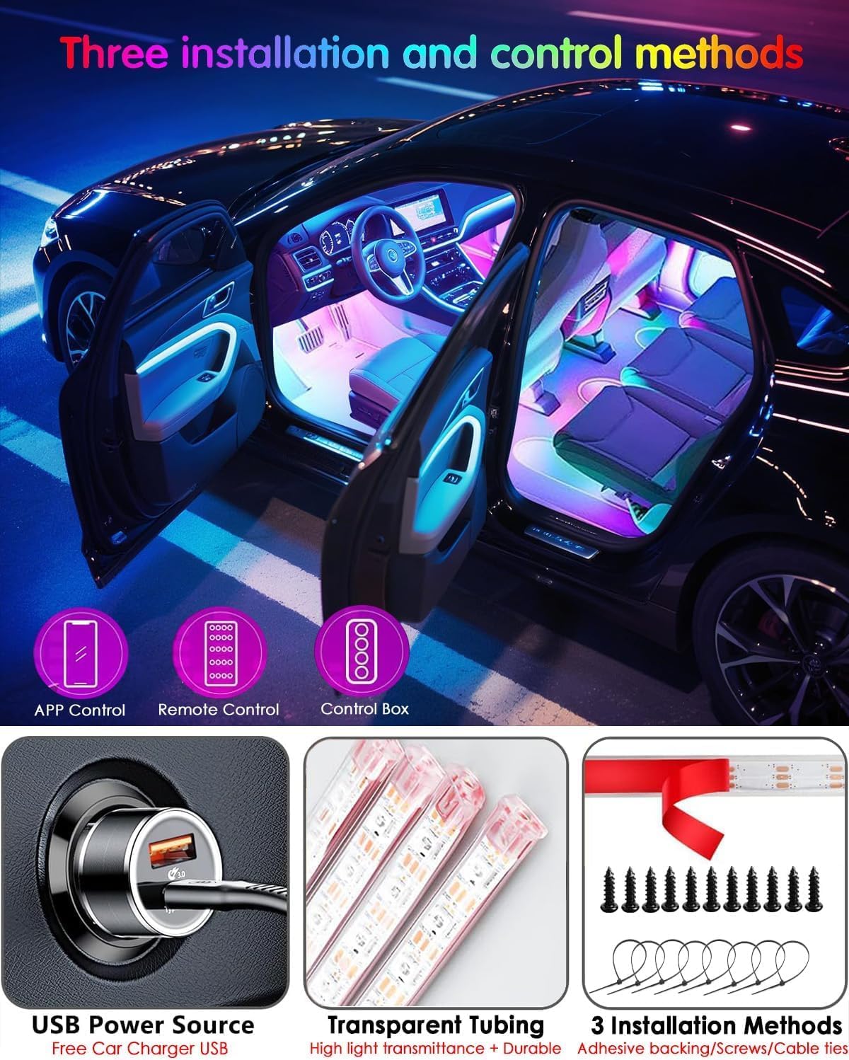 Car LED Strip Lights,72 LED Interior Strip Lights Dream Color RGB+IC with Smart APP Remote Control,Multicolor Footwell Under Dash Chasing Inside Light Kits Music Sync Mode,for Cars Truck ATV UTV