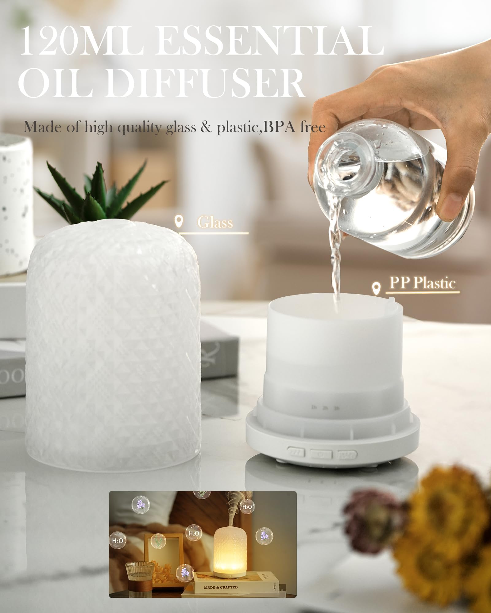 Diffusore di oli essenziali in vetro per aromaterapia, diffusore di aromi a ultrasuoni da 2,4 MHz, silenzioso, con spegnimento automatico, impostazione timer e luce calda confortevole per gli occhi