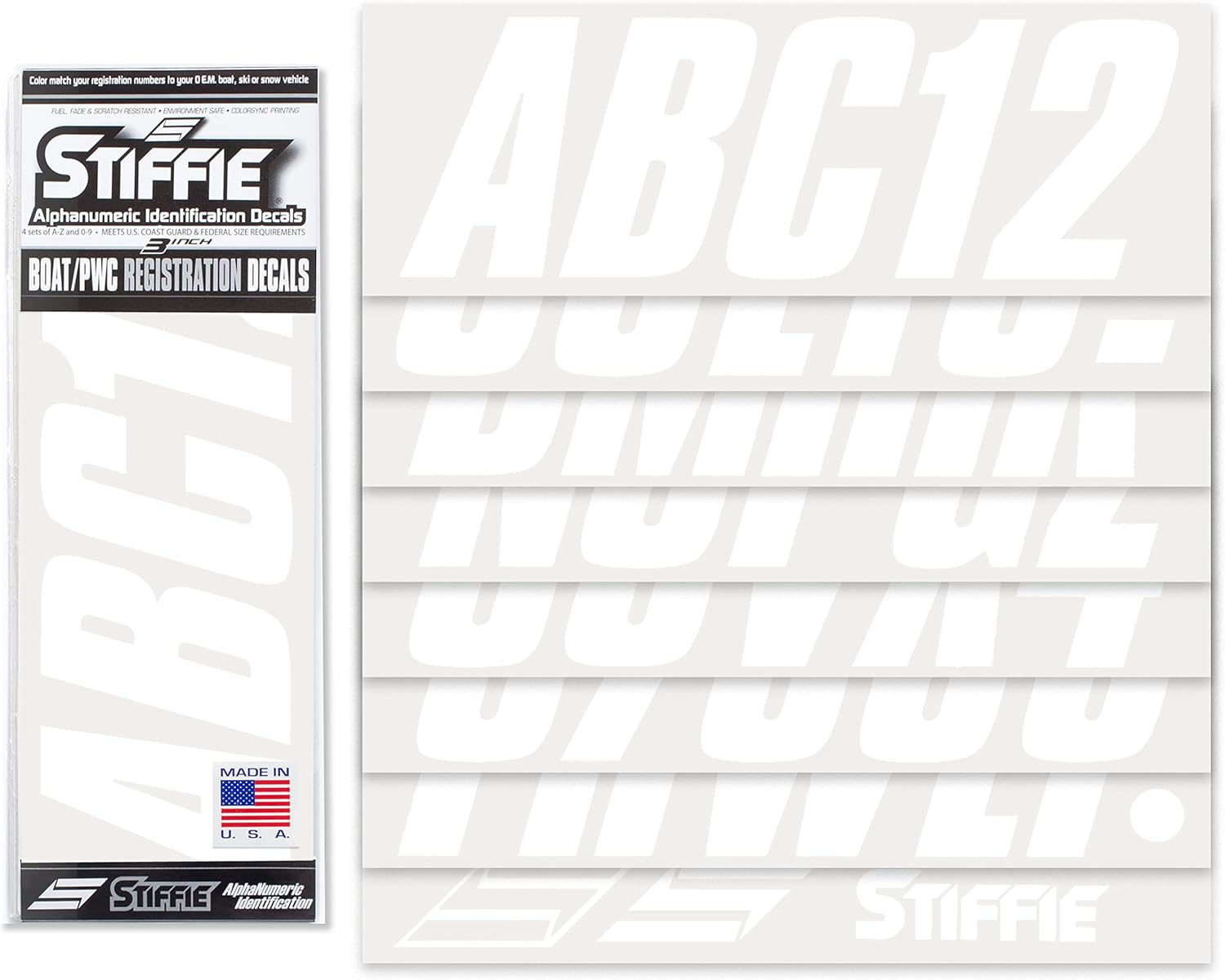 STIFFIE Shift White 3" Boat & PWC Registration Decals • Numbers Letters Stickers