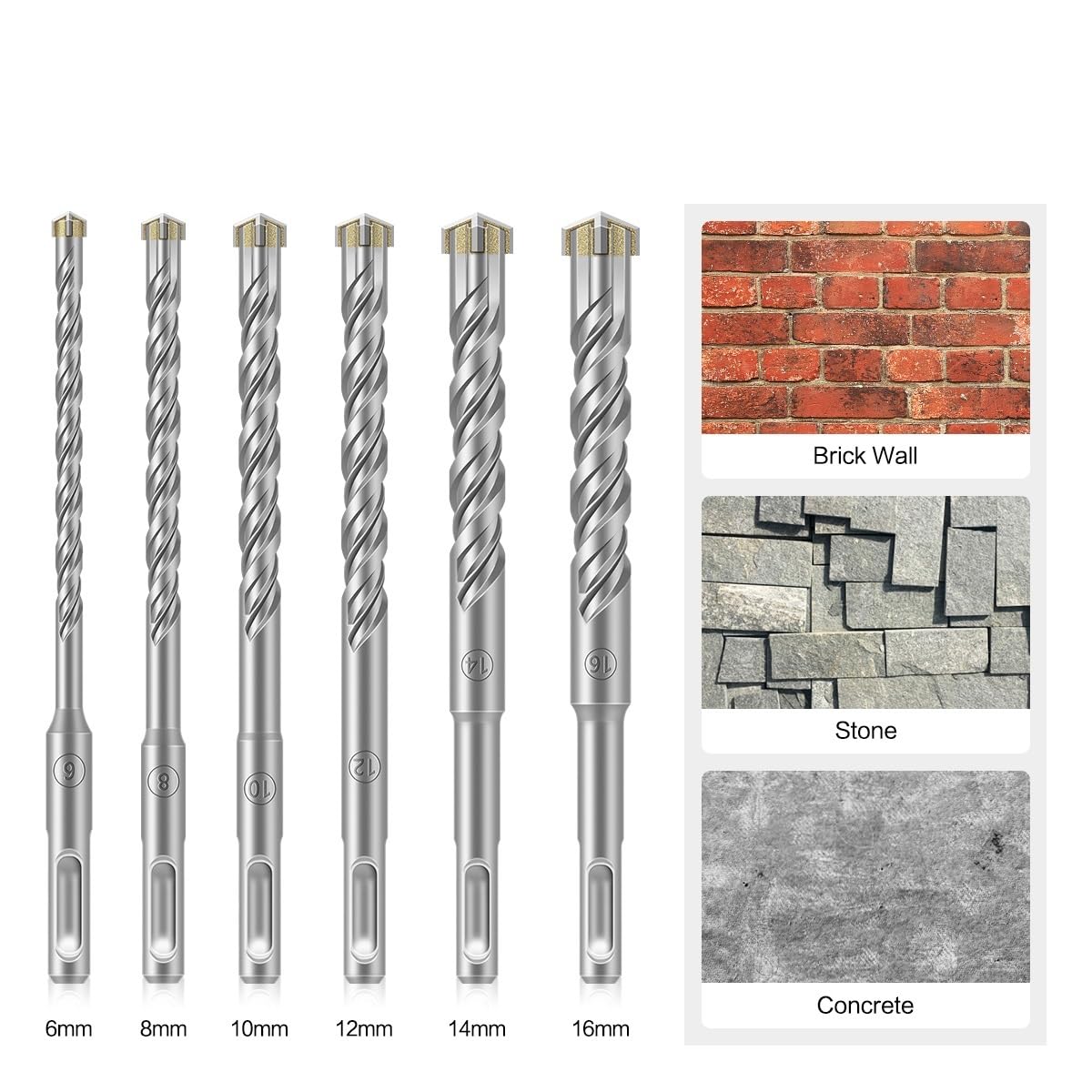 Zestaw wierteł SDS-Plus, Zestaw 6 wierteł do młotów obrotowych z węglika wolframu 6-16 mm x 160 mm do betonu i cegły(6pcs 160mm)