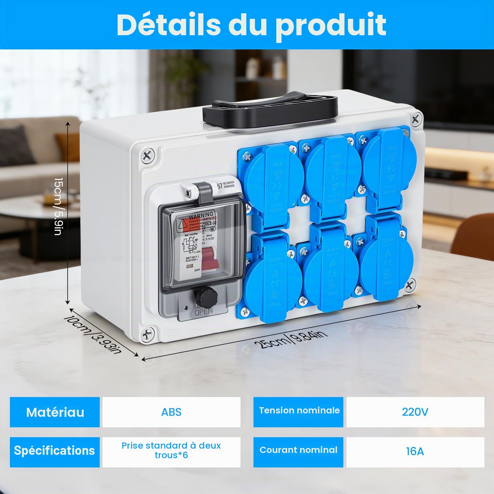 Coffret de chantier 16A IP67 avec 6 prises Schuko & interrupteur différentiel 30mA, Boîtier de distribution électrique 230V, Réglette étanche murale avec disjoncteur de protection