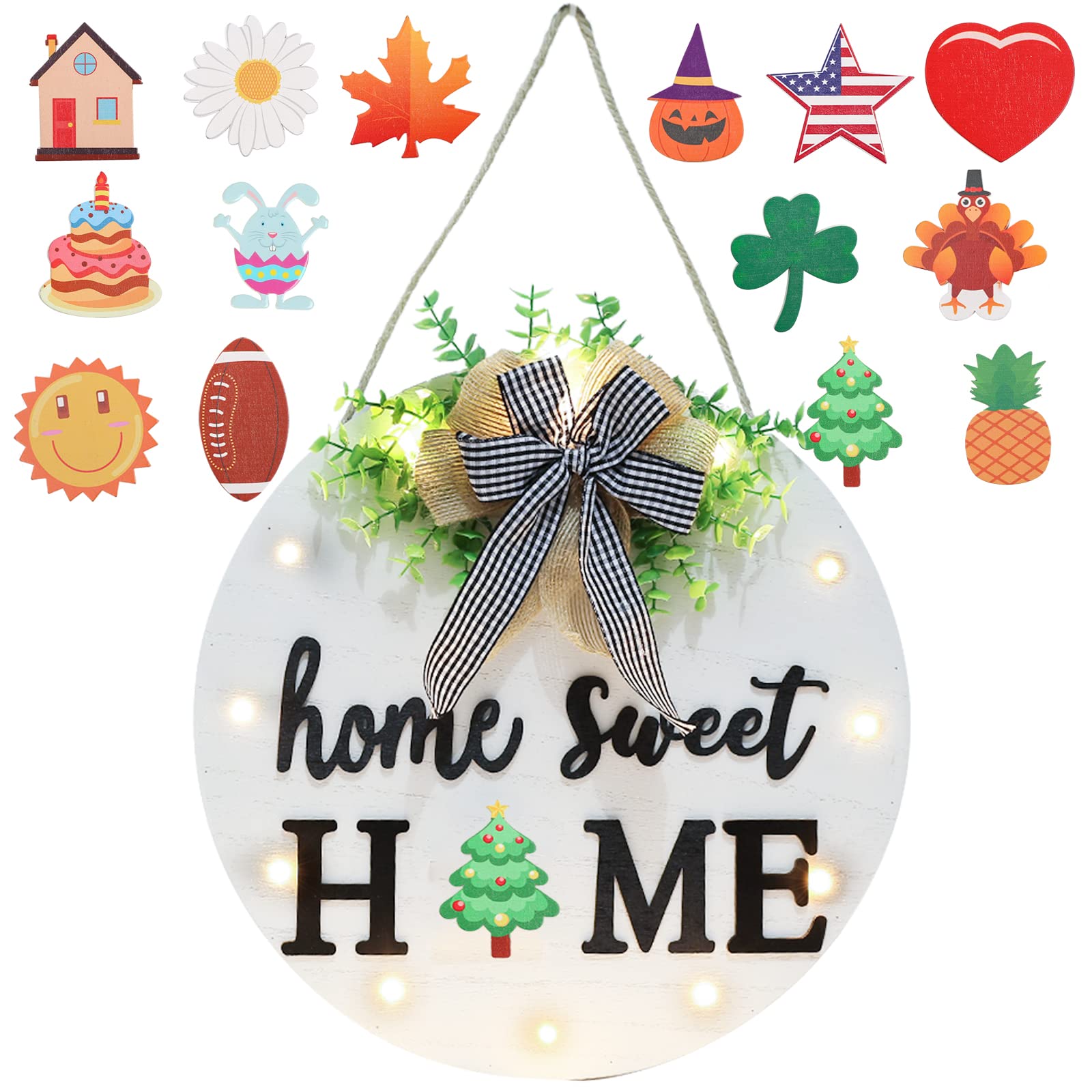 Interchangeable Welcome Sign for Front Door with 14 Changeable Icons, Farmhouse Front Porch Decor Rustic Wooden Wall Sign with 12 LED Lights, Outdoor Seasonal Welcome Home Decorations (White1)